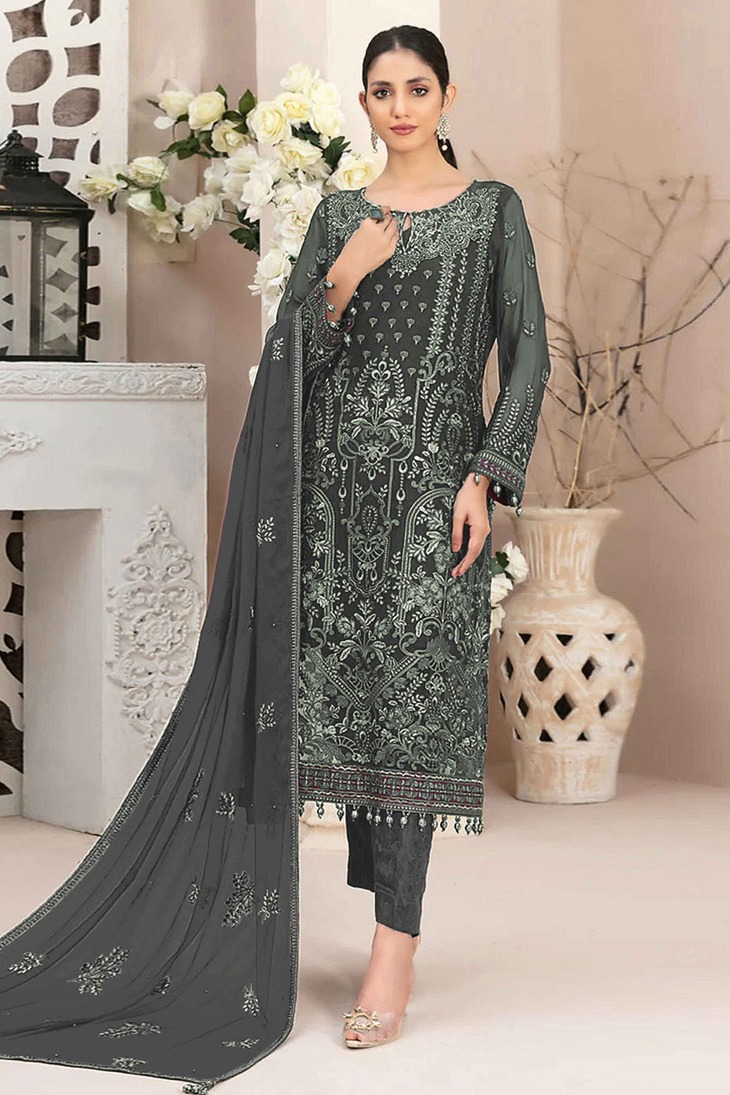 Charcoal Grey Floral Embroidered Georgette Dress Material