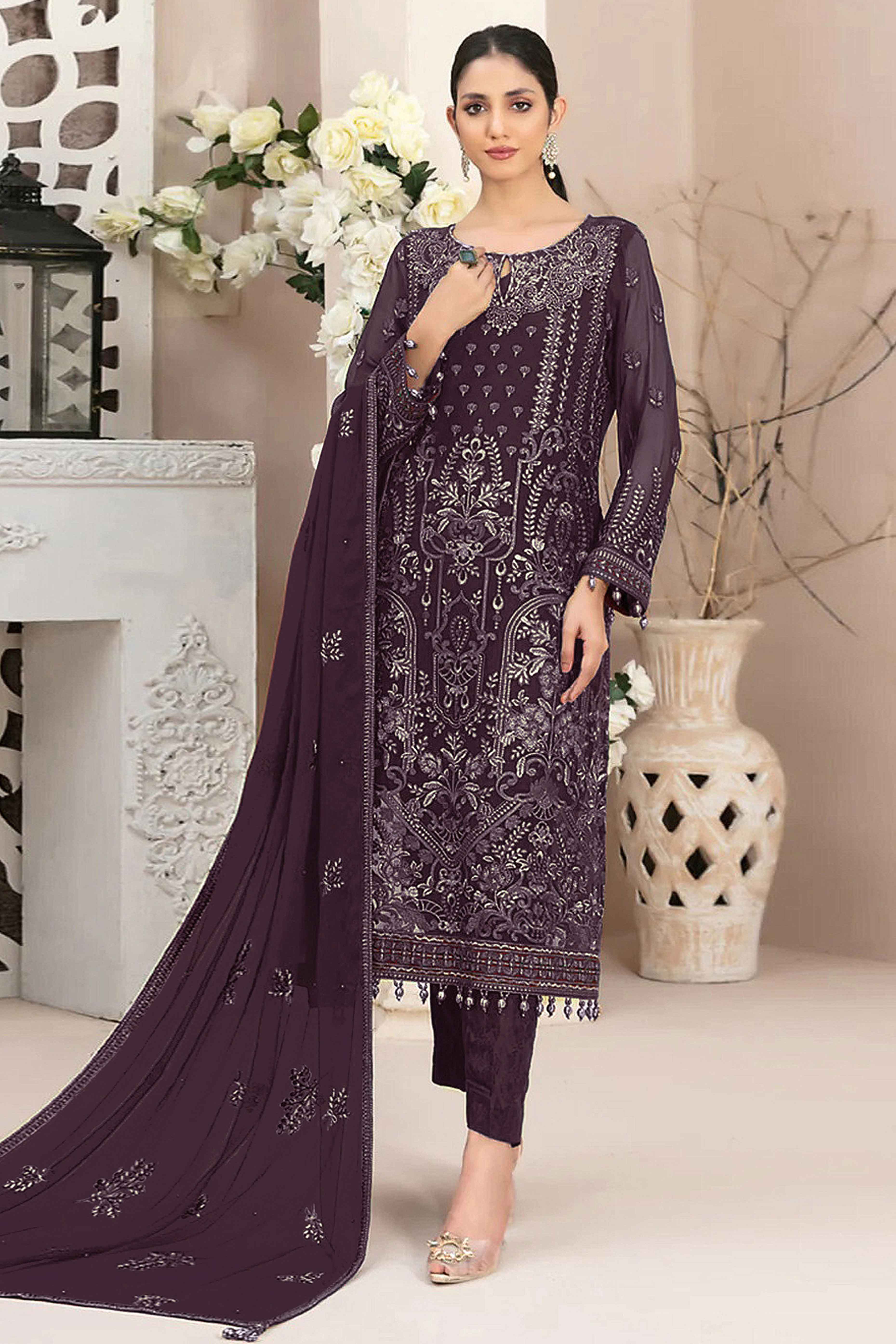 Wine Floral Embroidered Georgette Dress Material