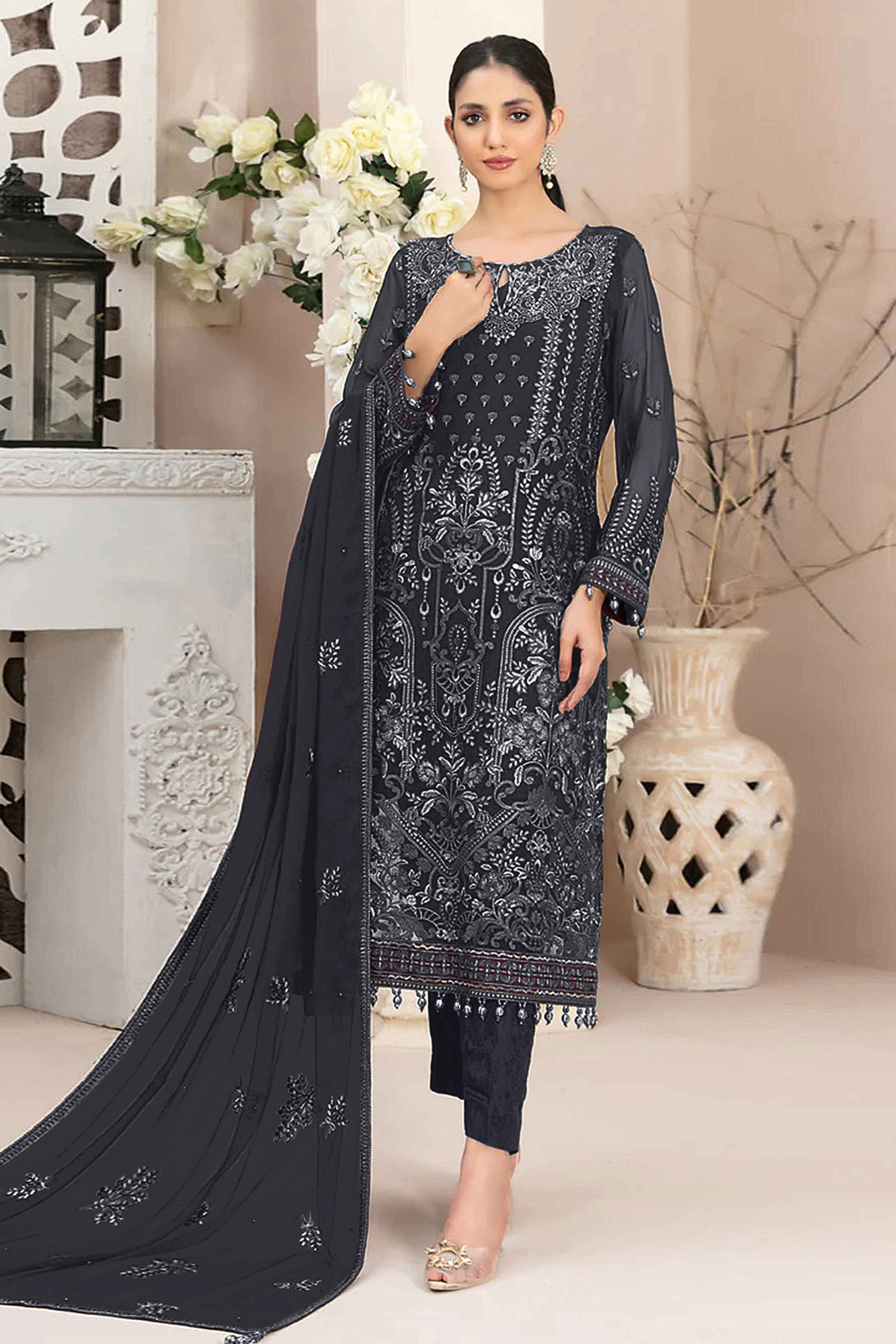 Dark Grey Floral Embroidered Georgette Dress Material