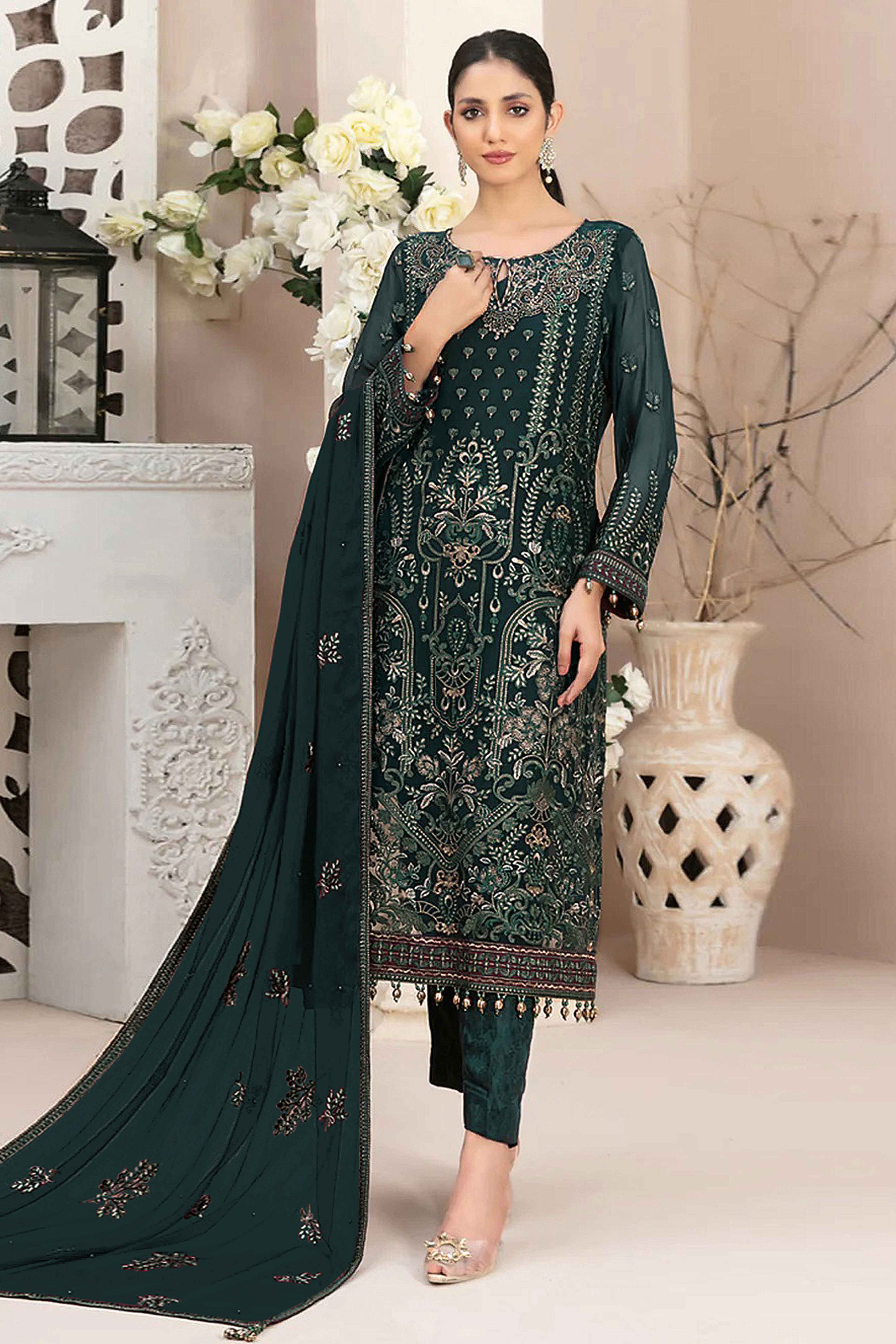 Morpich Green Floral Embroidered Georgette Dress Material