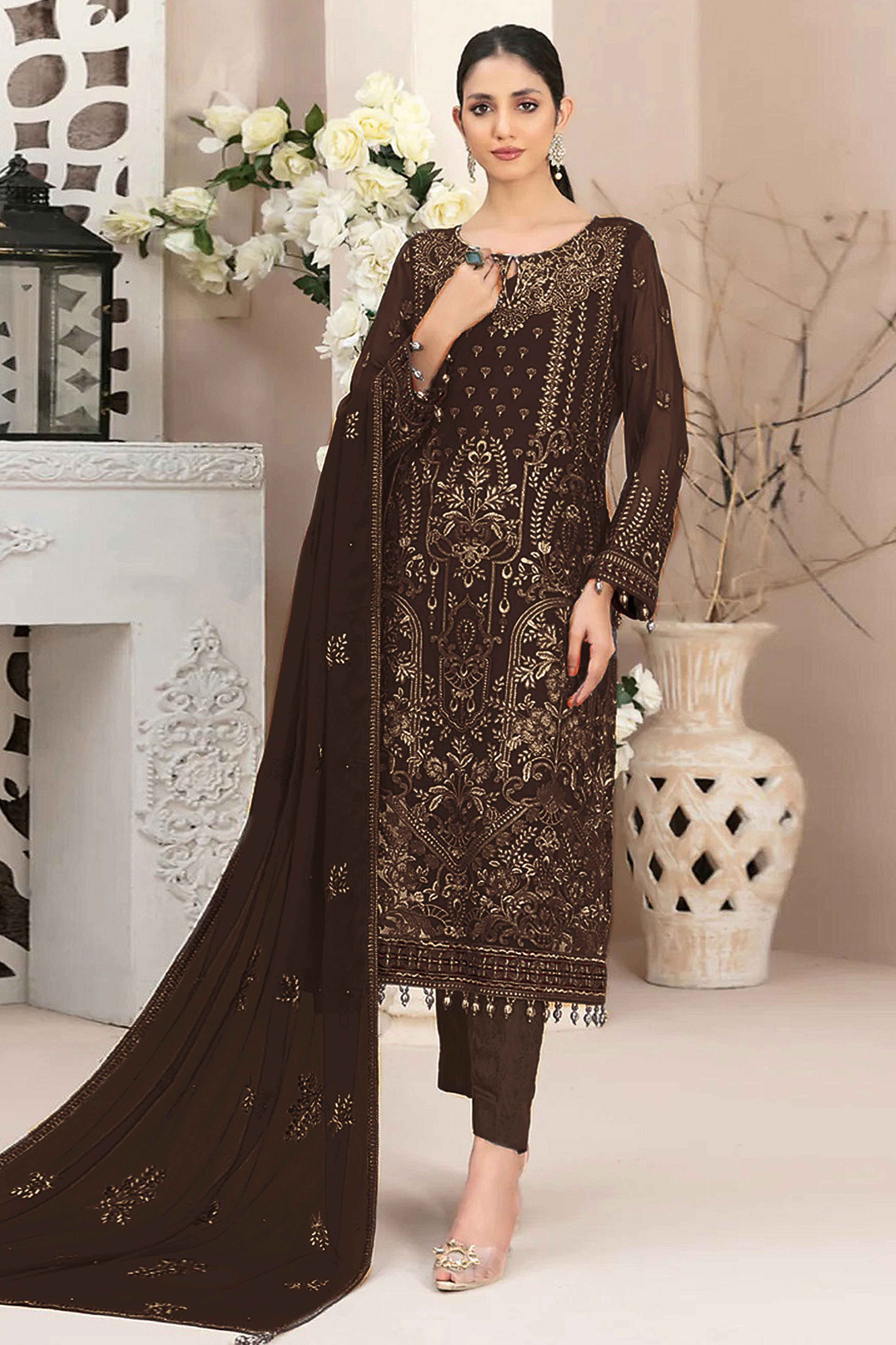 Dark Brown Floral Embroidered Georgette Dress Material