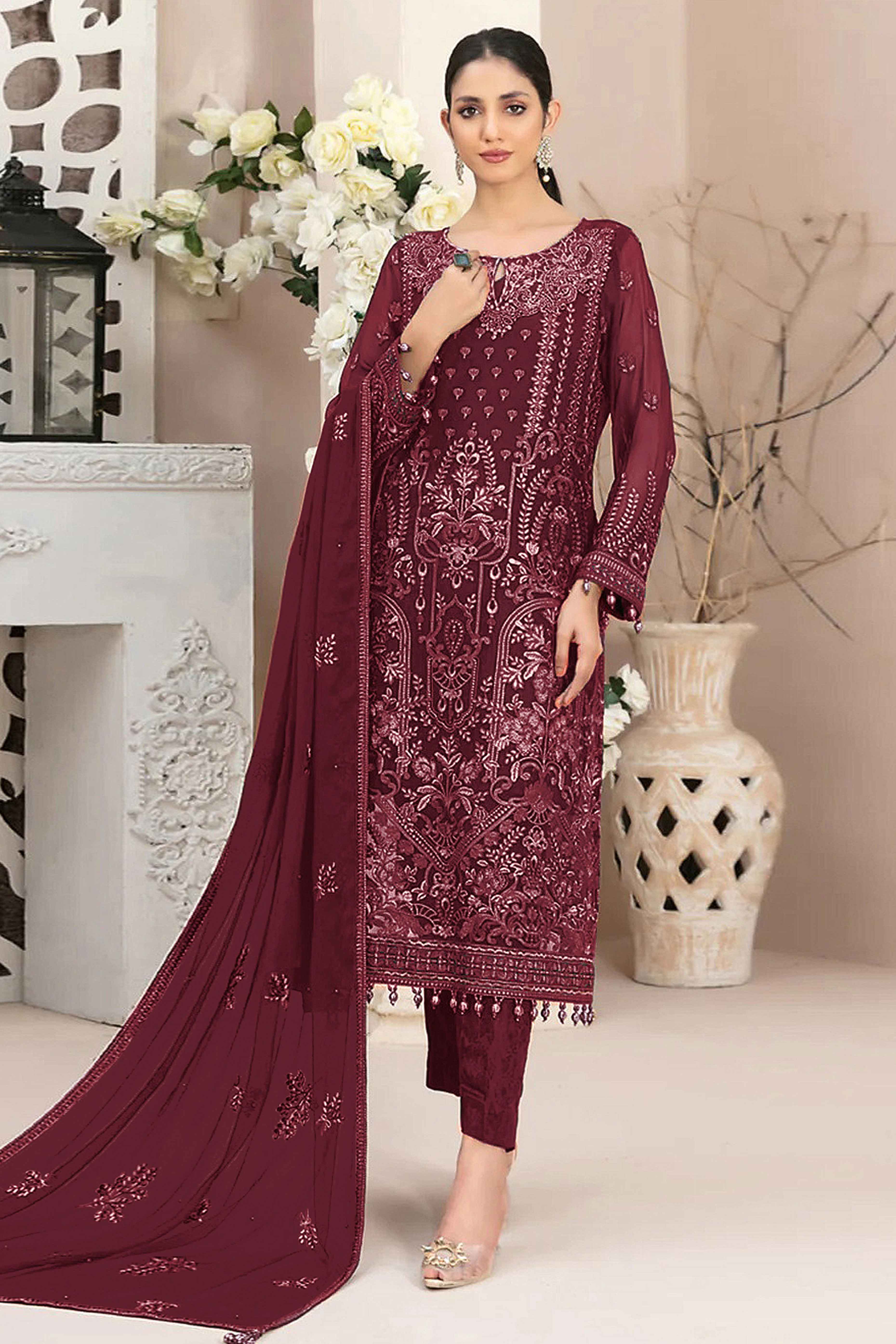 Maroon Floral Embroidered Georgette Dress Material