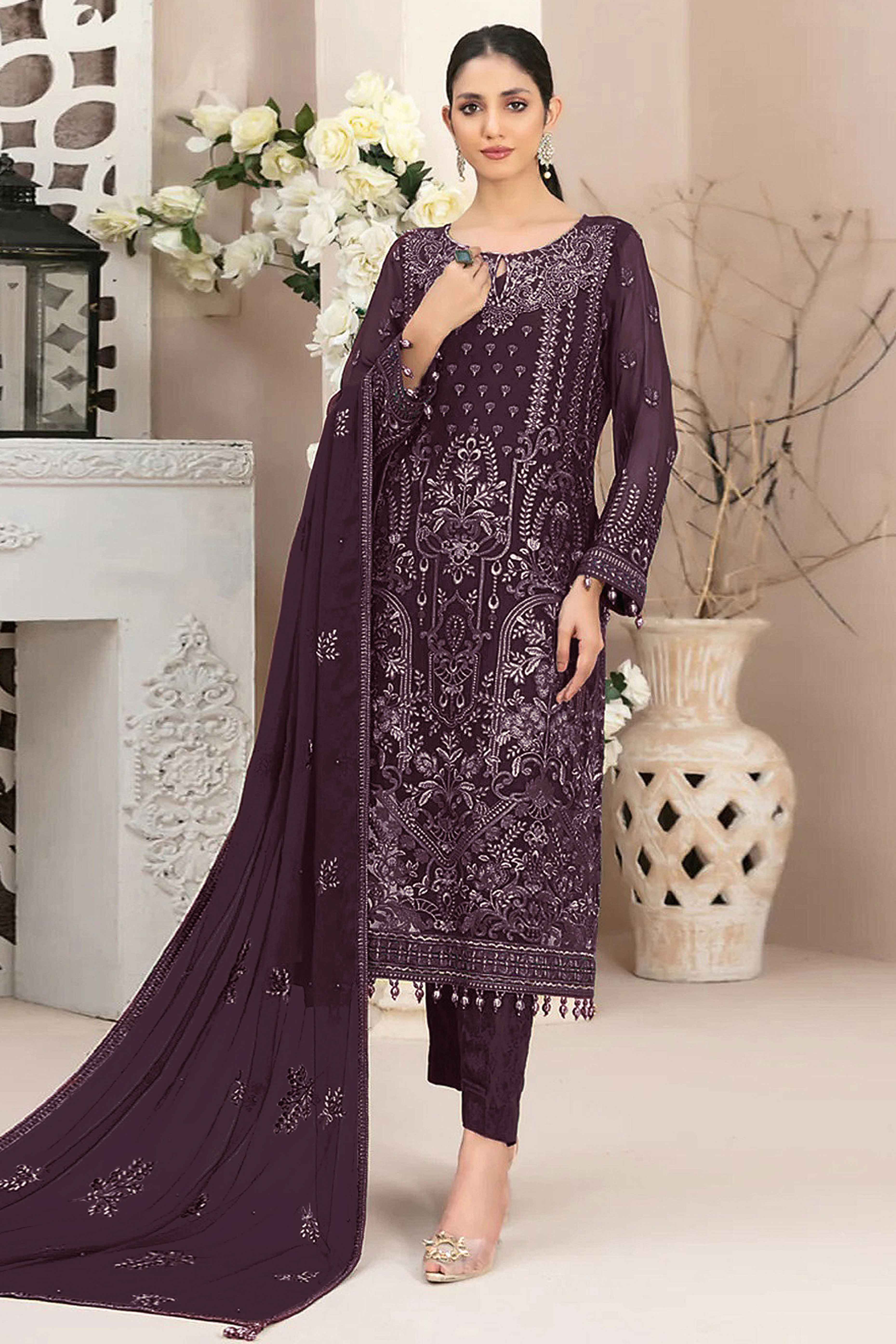 Burgundy Floral Embroidered Georgette Dress Material