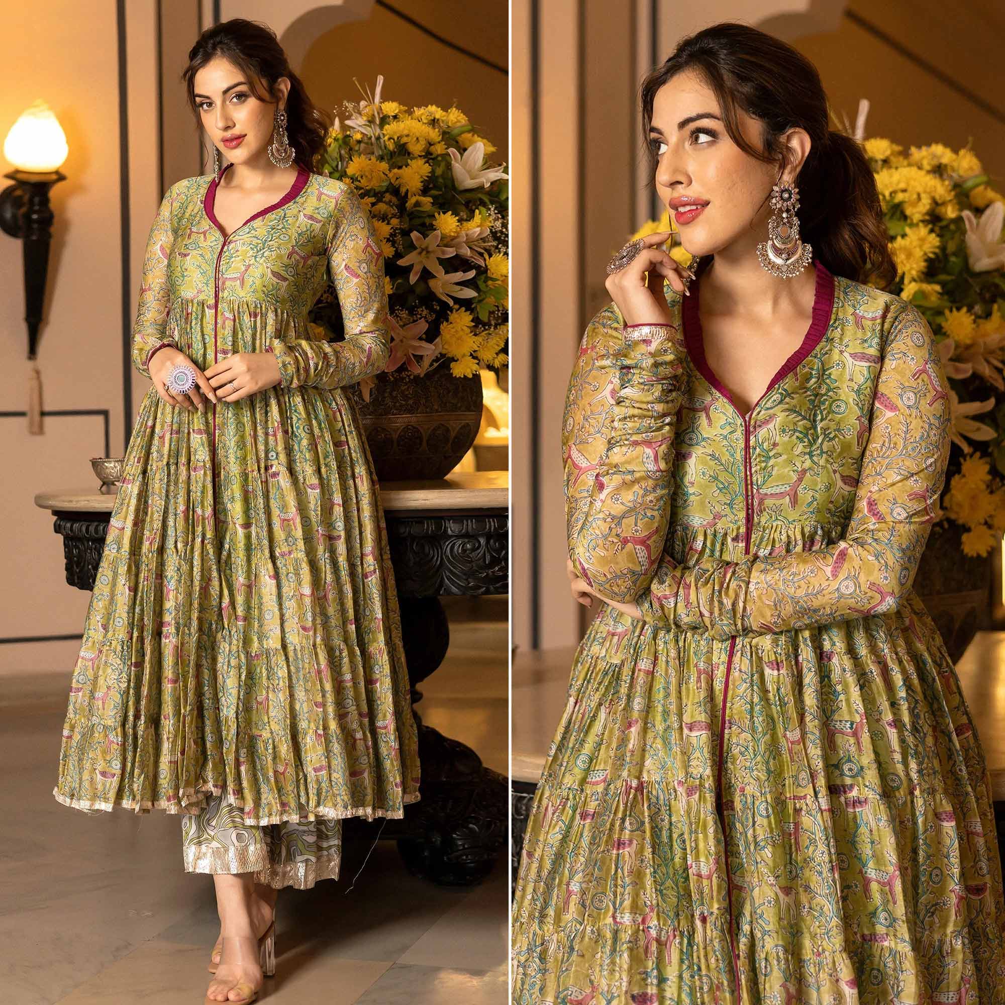 Mahendi Green Floral Digital Printed Chanderi Anarkali Style Suit