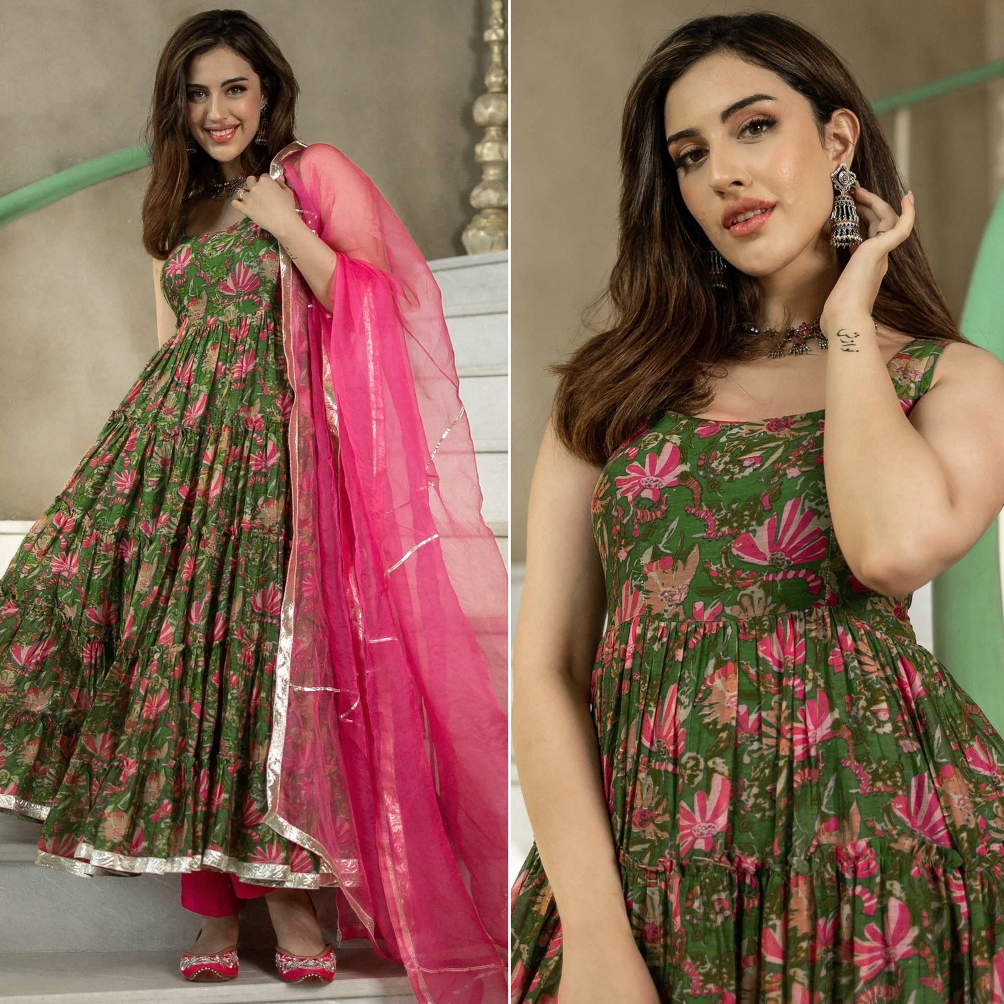 Green Floral Digital Printed Chanderi Anarkali Style Suit