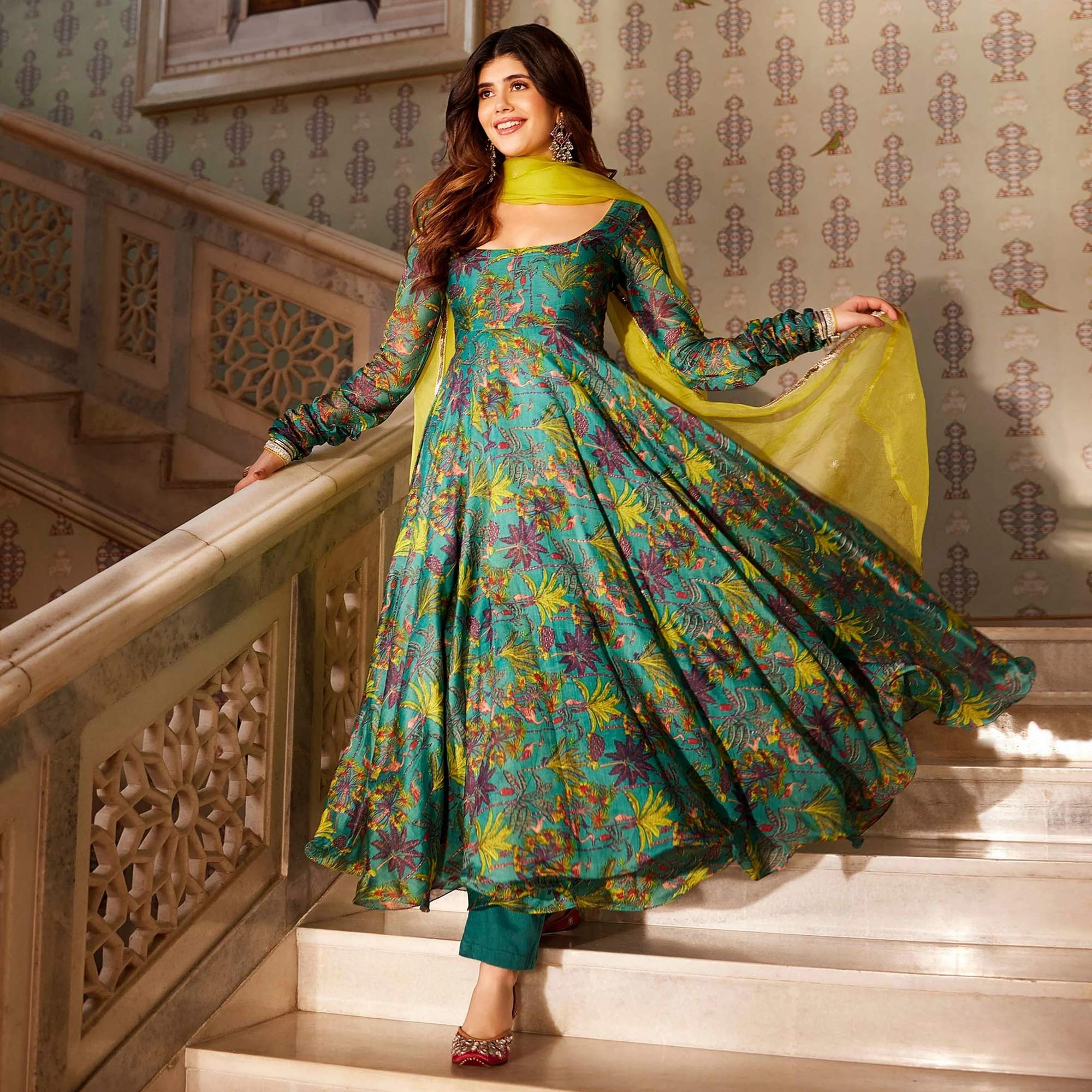 Rama Green Floral Digital Printed Chanderi Anarkali Style Suit