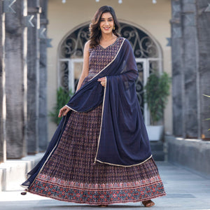 Blue Printed Dola Silk Anarkali Style Gown With Mirror Work