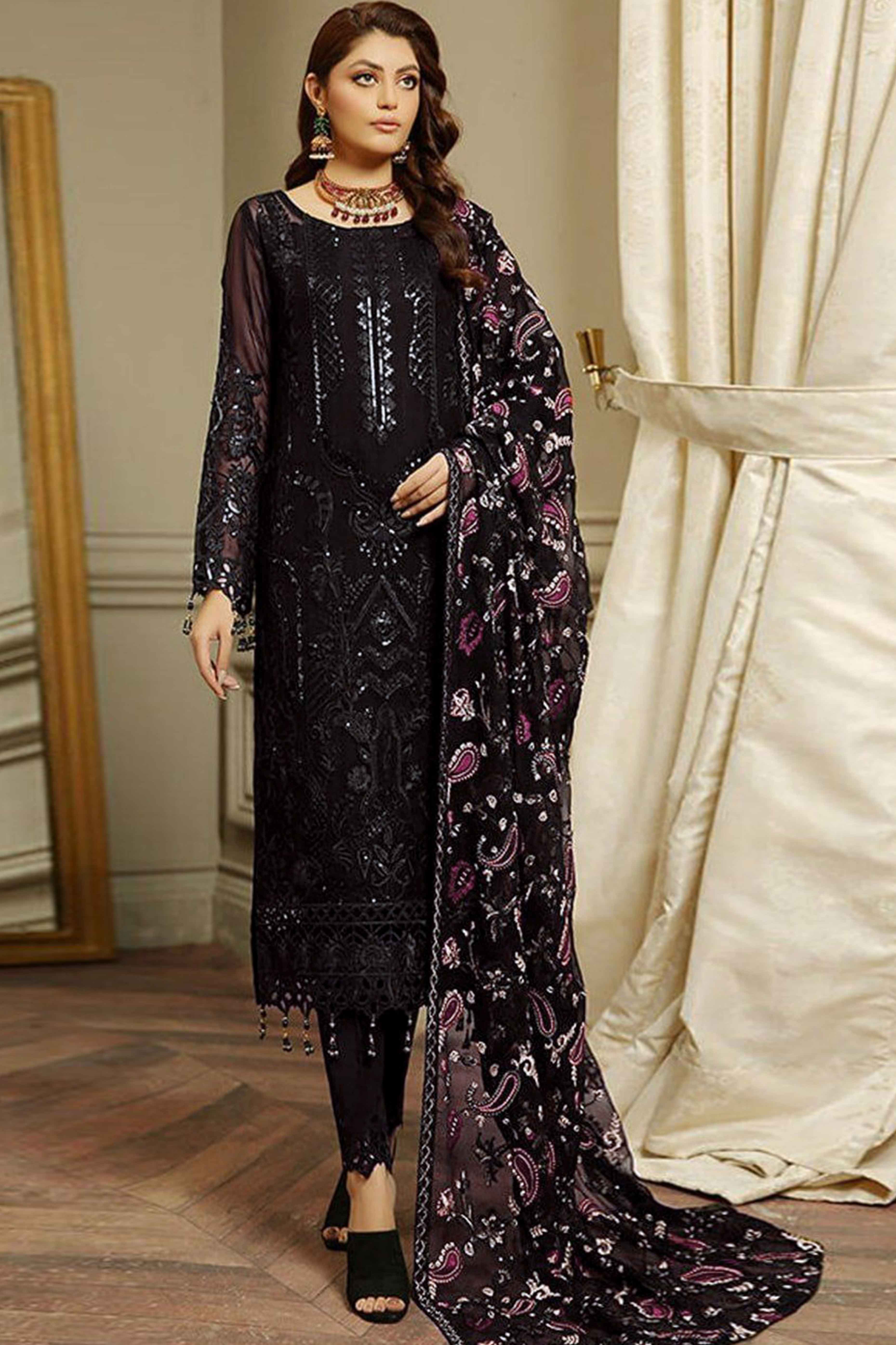 Black Heavy Embroidered Work Georgette Dress Material
