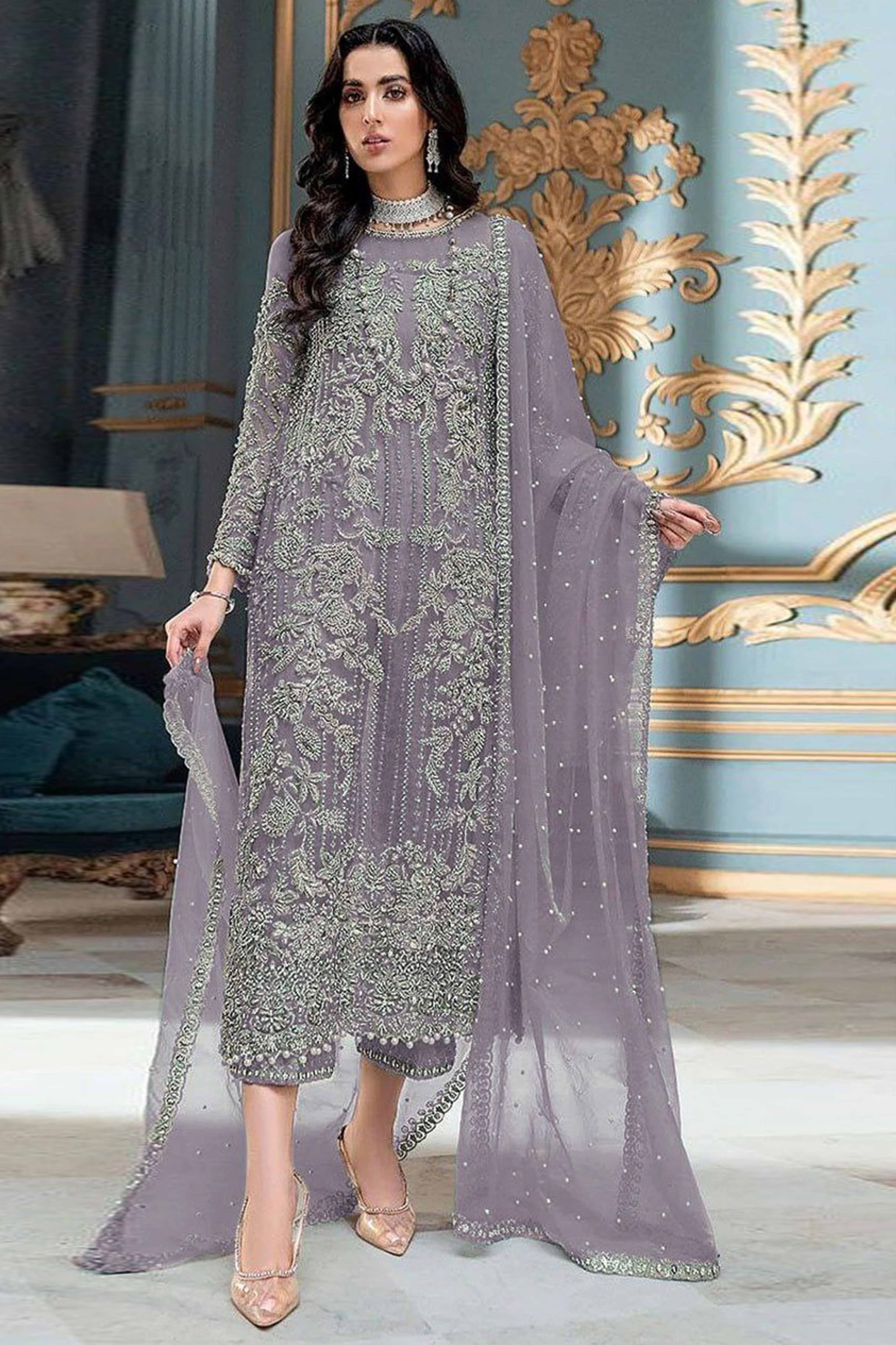 Lavender Sequins Embroidered Work Net Dress Material