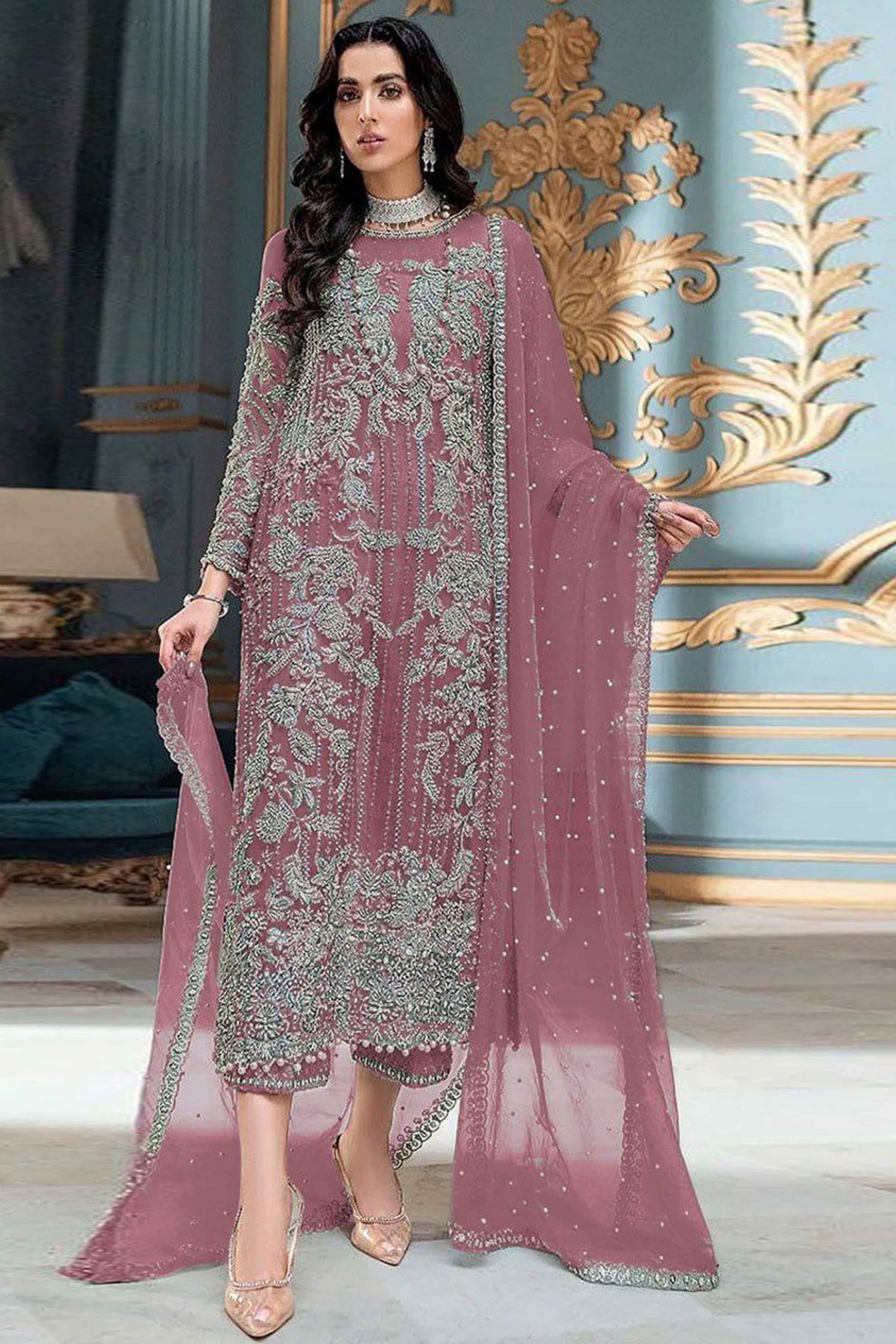 Pink Sequins Embroidered Work Net Dress Material