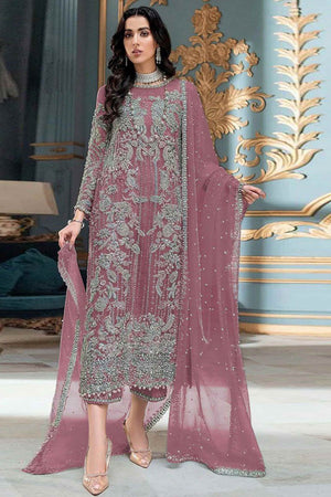 Pink Sequins Embroidered Work Net Dress Material