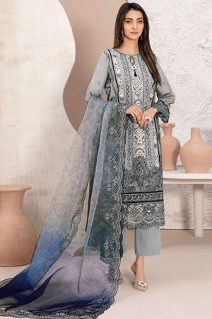 Grey Floral Design Dress Material Crafted from Lightweight Georgette Fabric