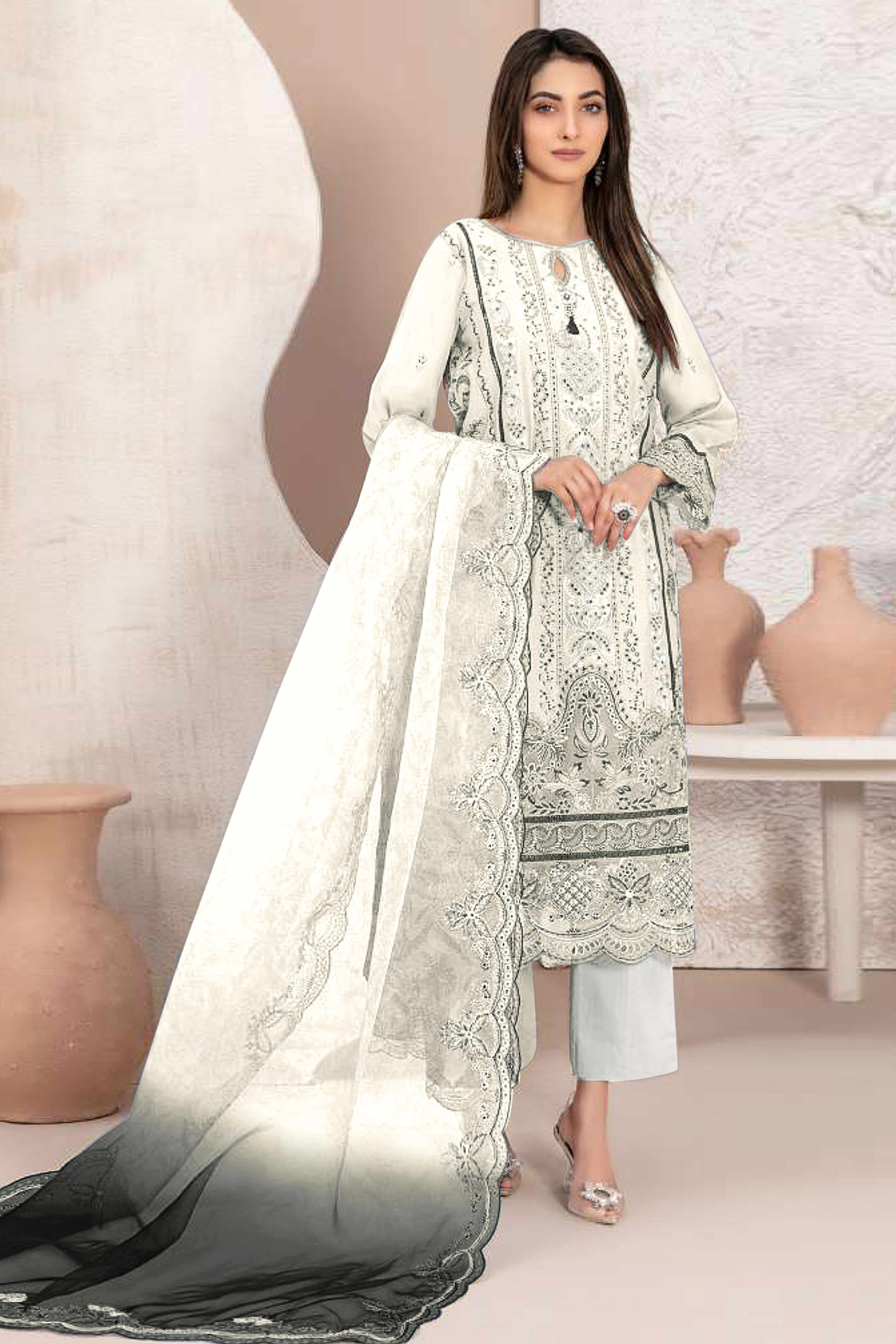 white embroidered dress material Hakoba Cotton Embroidered Dress Material with Embroidered Organza Dupa –  RKG SHOPPING main image 1