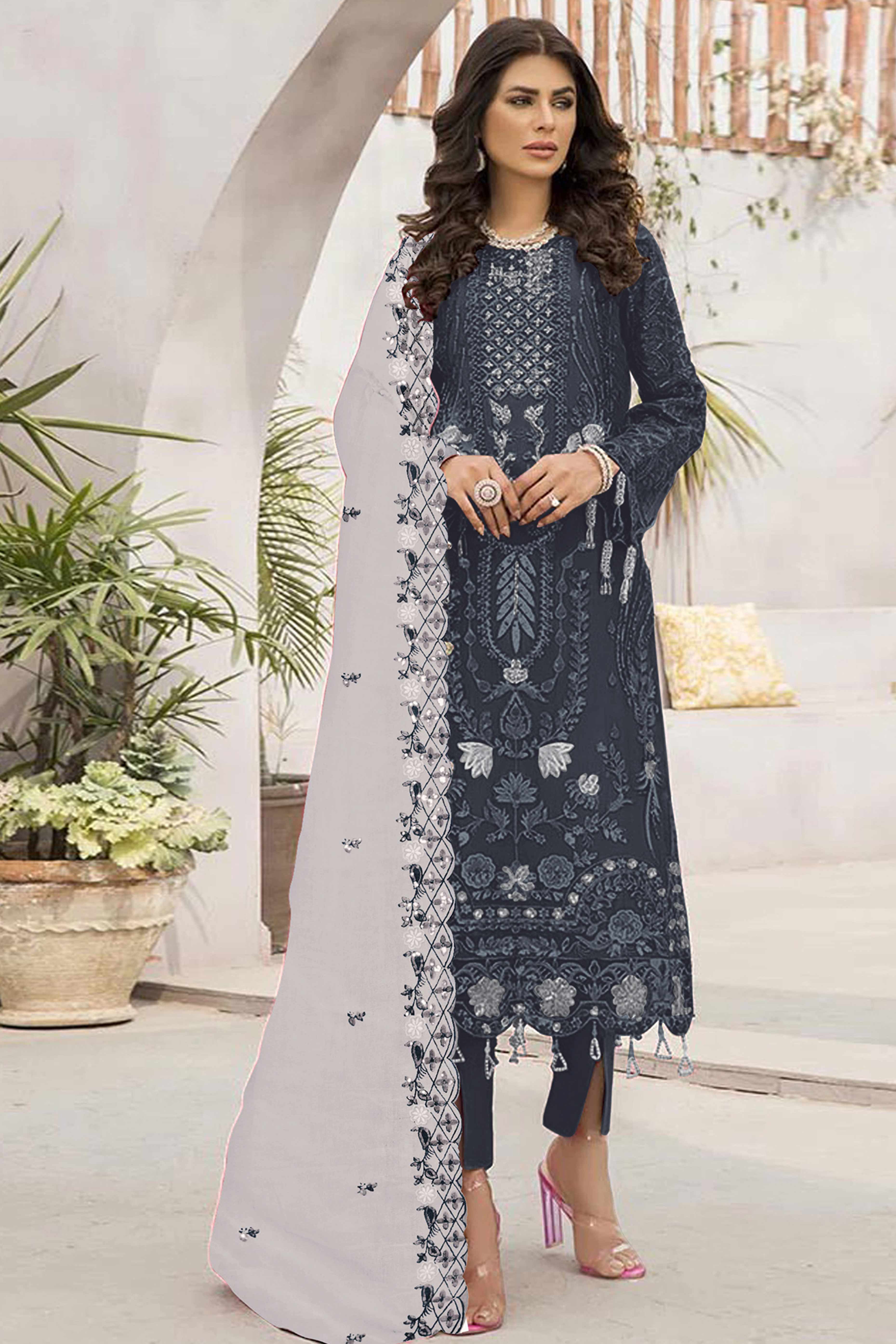 Dark Grey Floral Design Dress Material Crafted from Lightweight Georgette Fabric