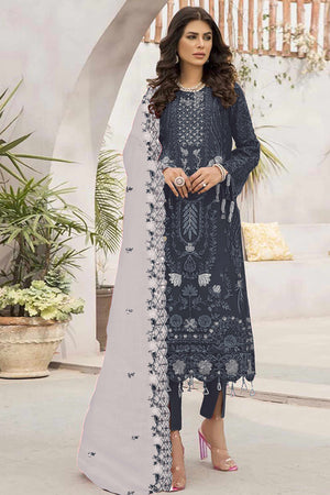 Dark Grey Floral Design Dress Material Crafted from Lightweight Georgette Fabric
