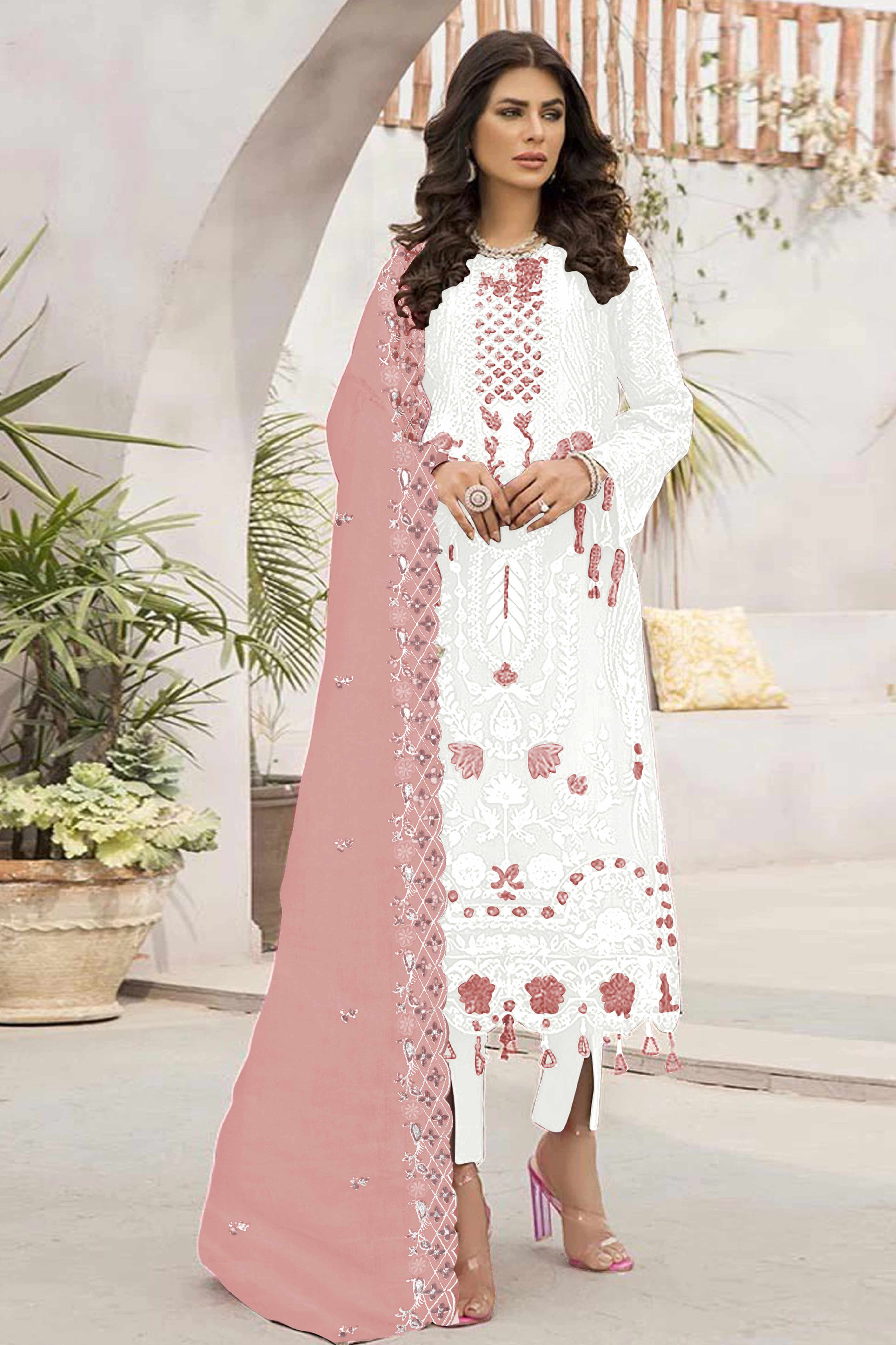 White Floral Design Dress Material Crafted from Lightweight Georgette Fabric