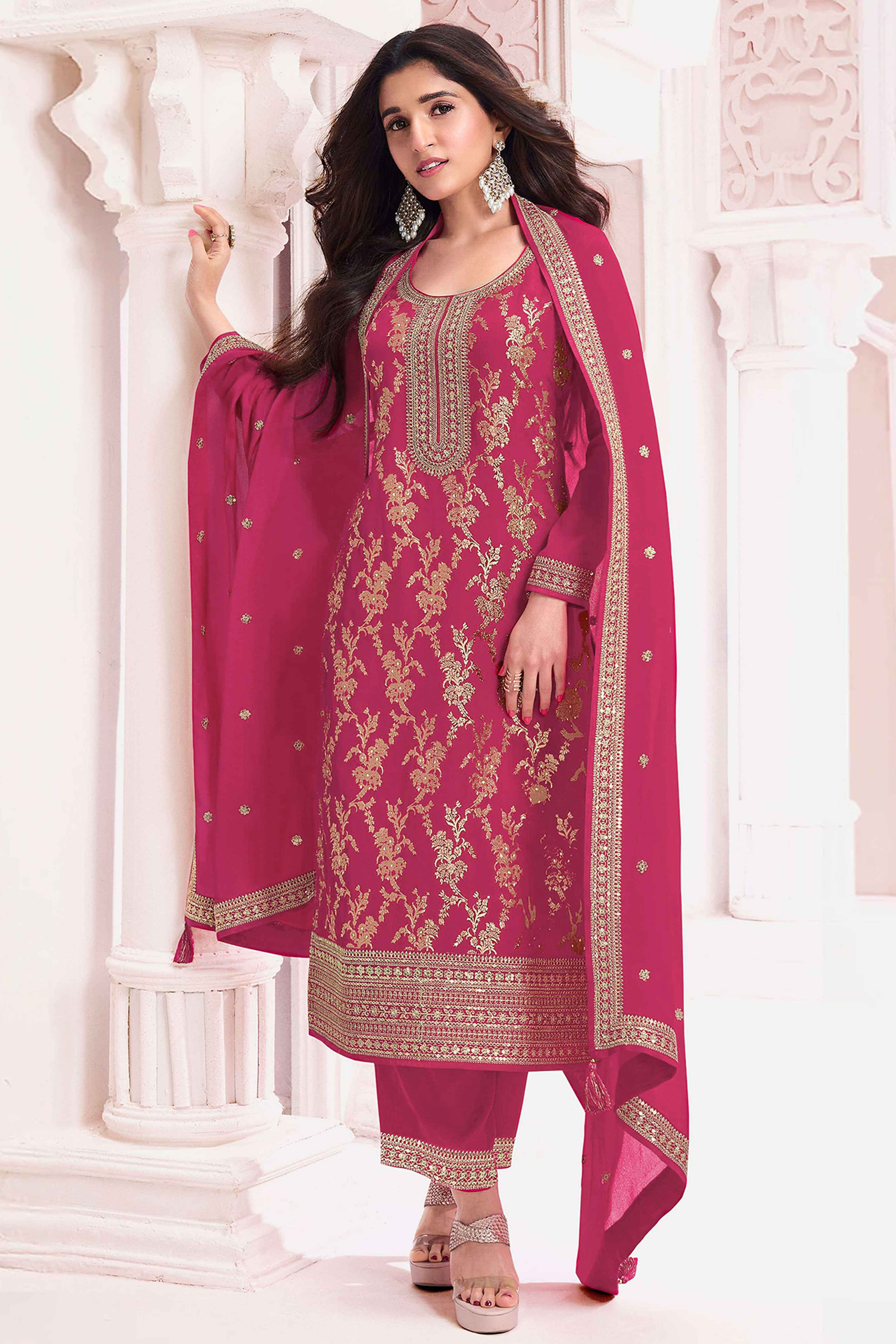 Pink Weaving With Sequins Work Dola Silk Dress Material