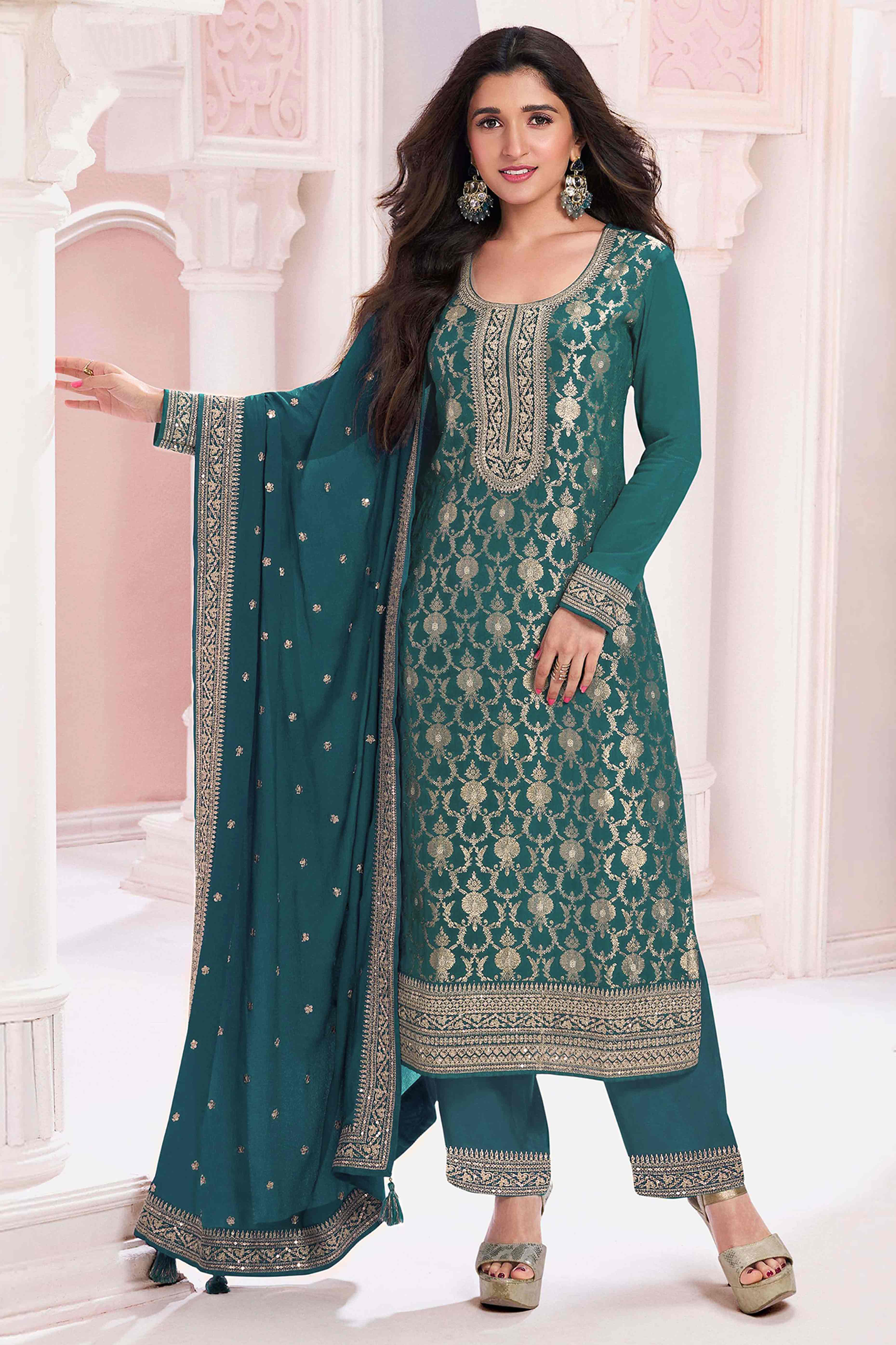 Rama Green Weaving With Sequins Work Dola Silk Dress Material