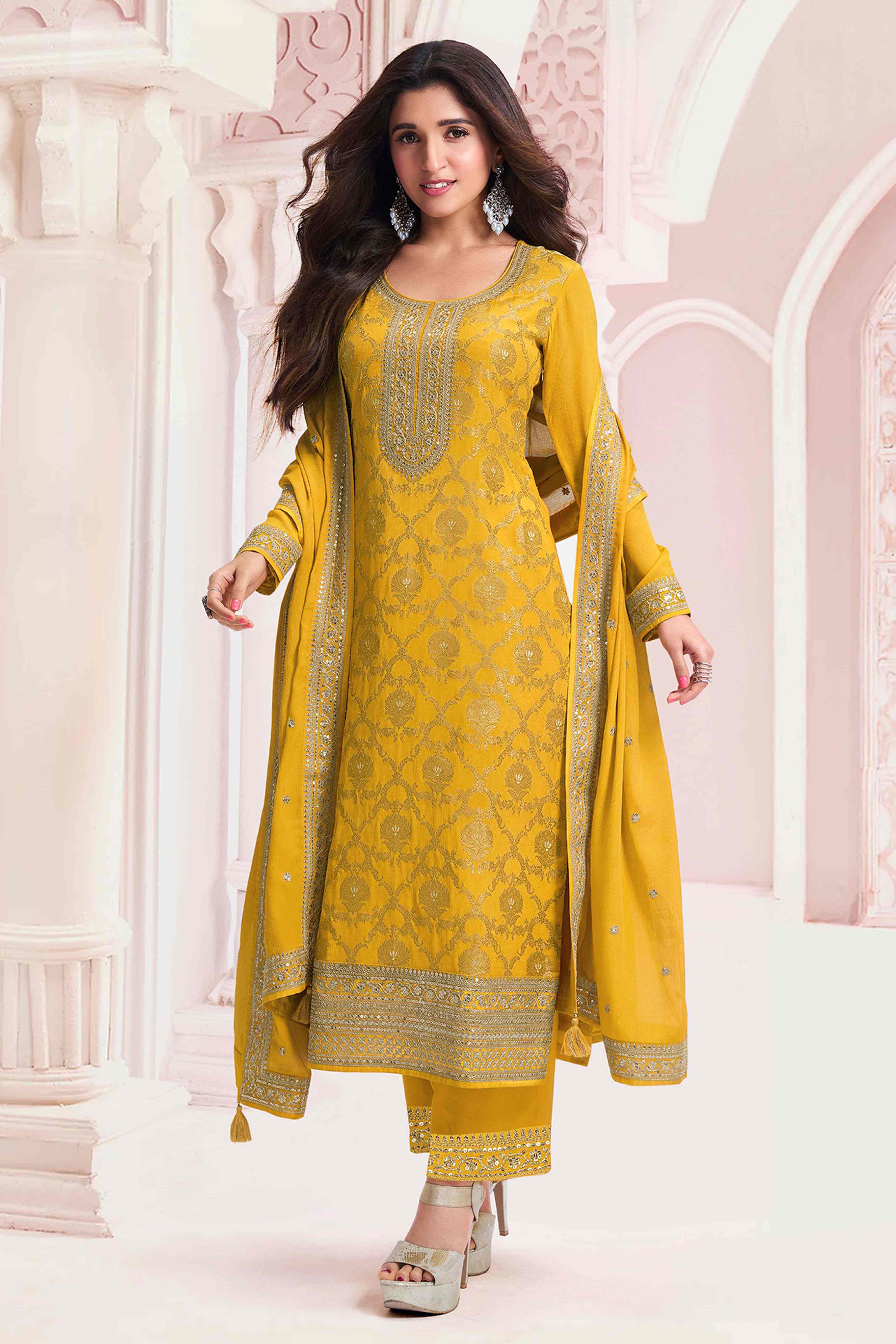 Mustard Weaving With Sequins Work Dola Silk Dress Material