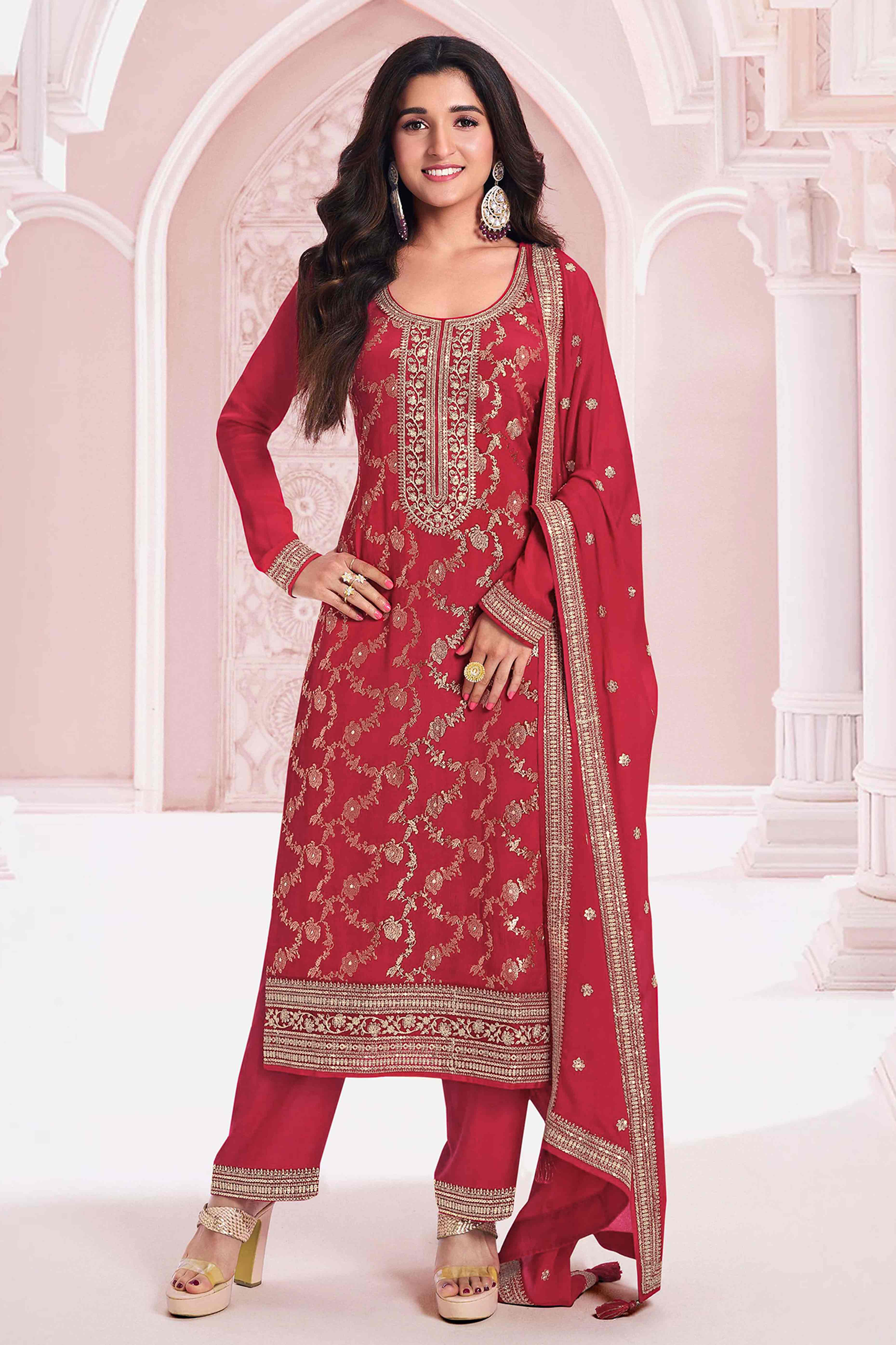 Red Weaving With Sequins Work Dola Silk Dress Material