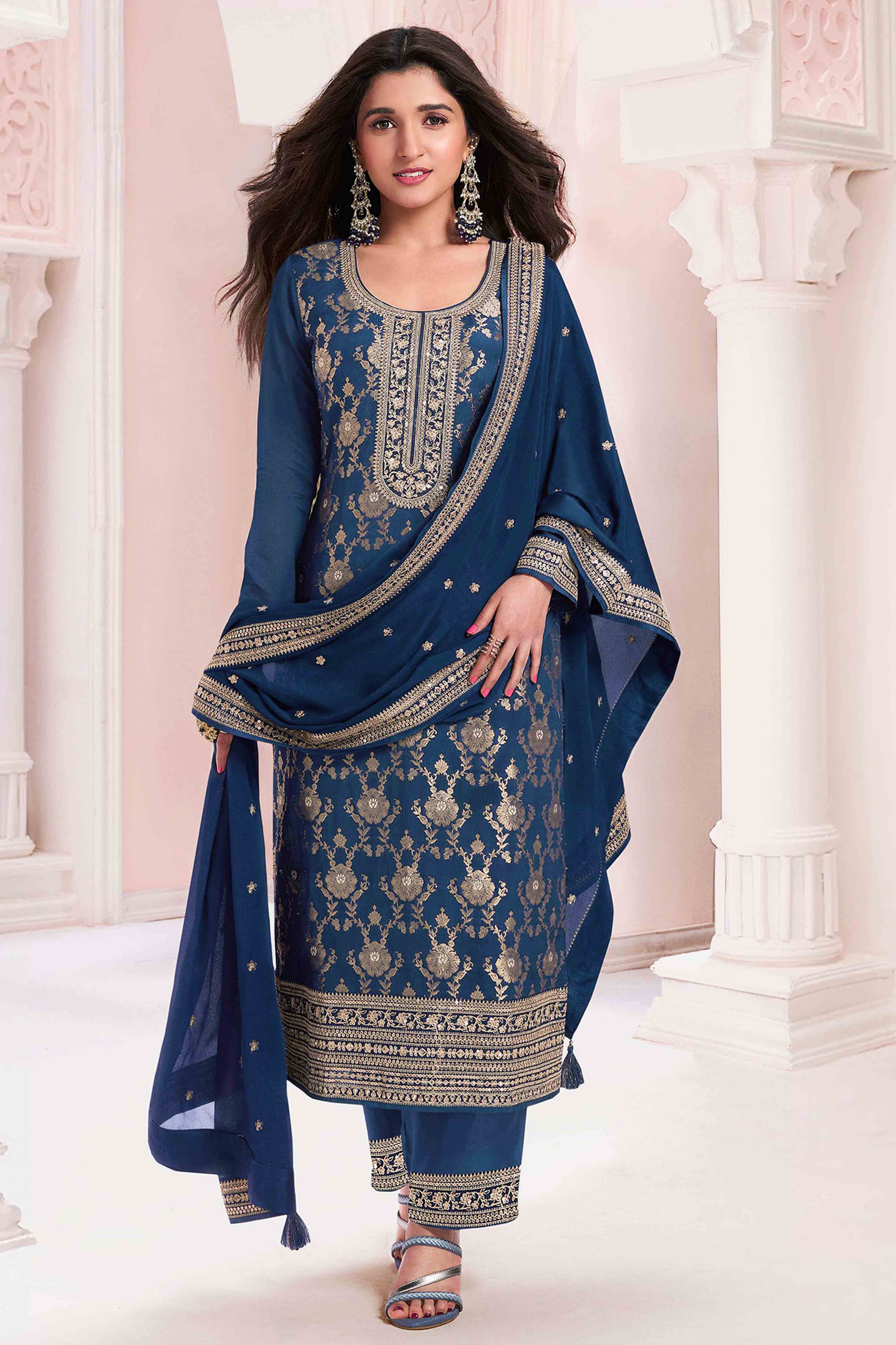 Navy Blue Weaving With Sequins Work Dola Silk Dress Material