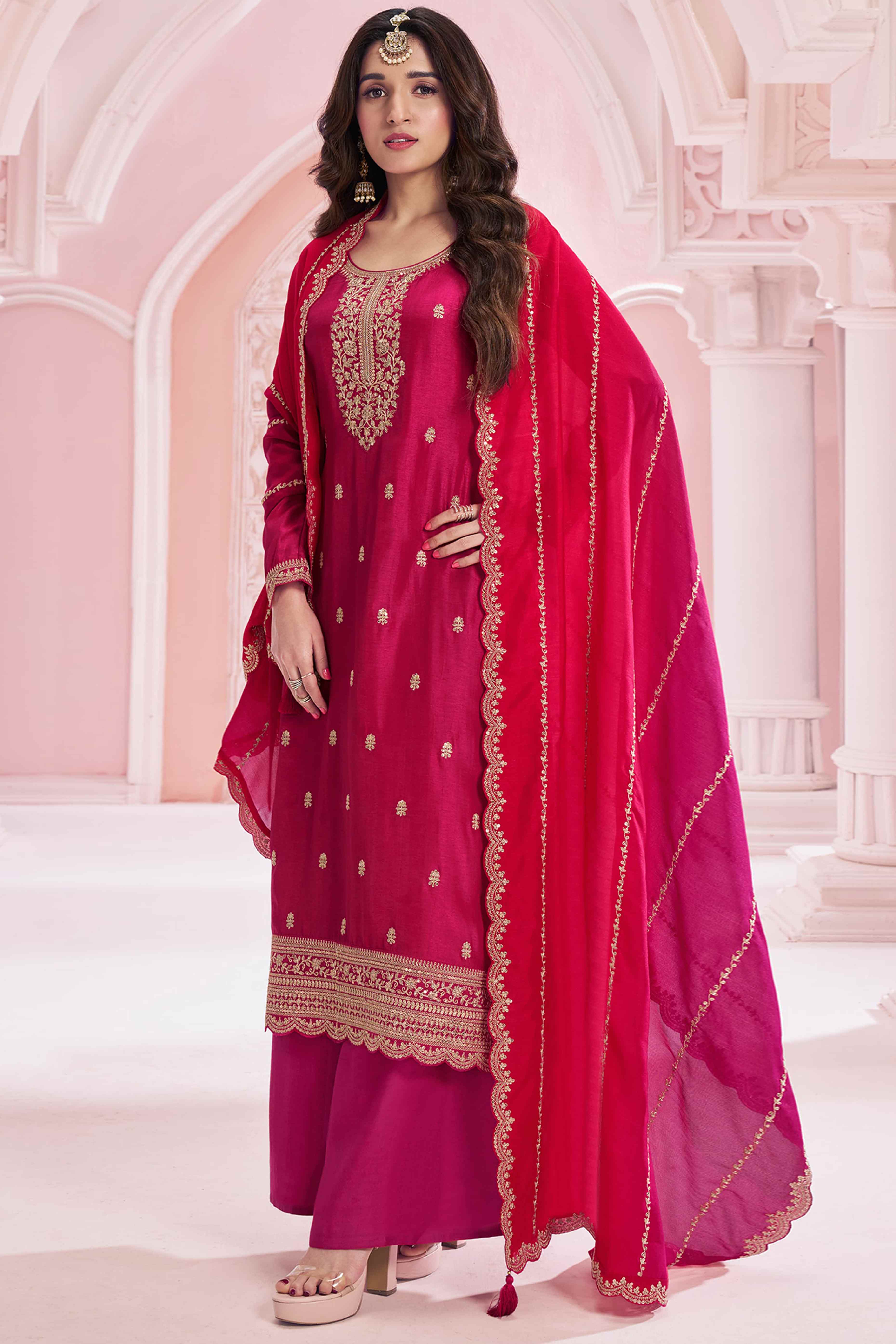 Rani Pink Floral Embroidered Vichitra Silk Dress Material