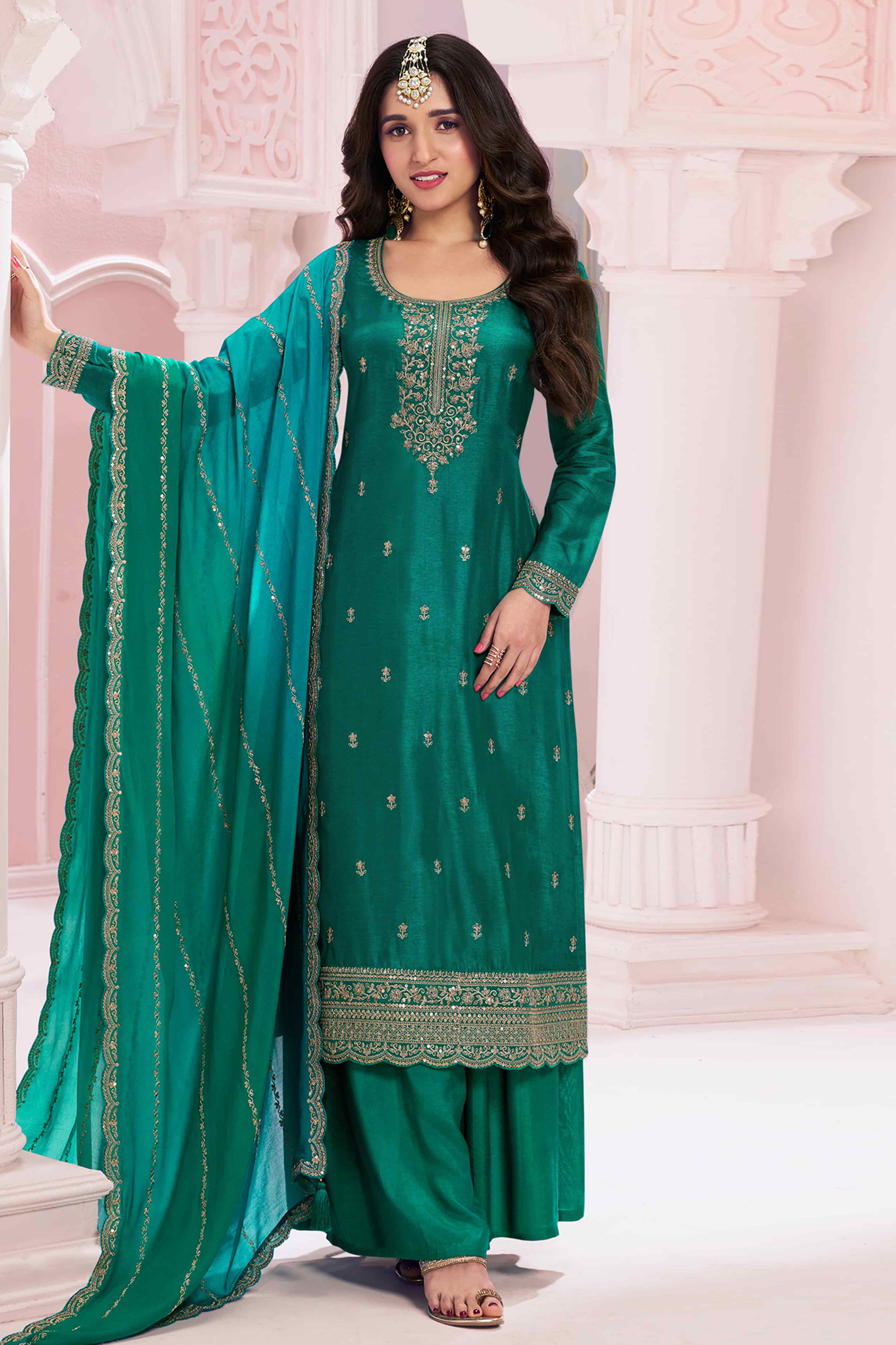 Green Floral Embroidered Vichitra Silk Dress Material