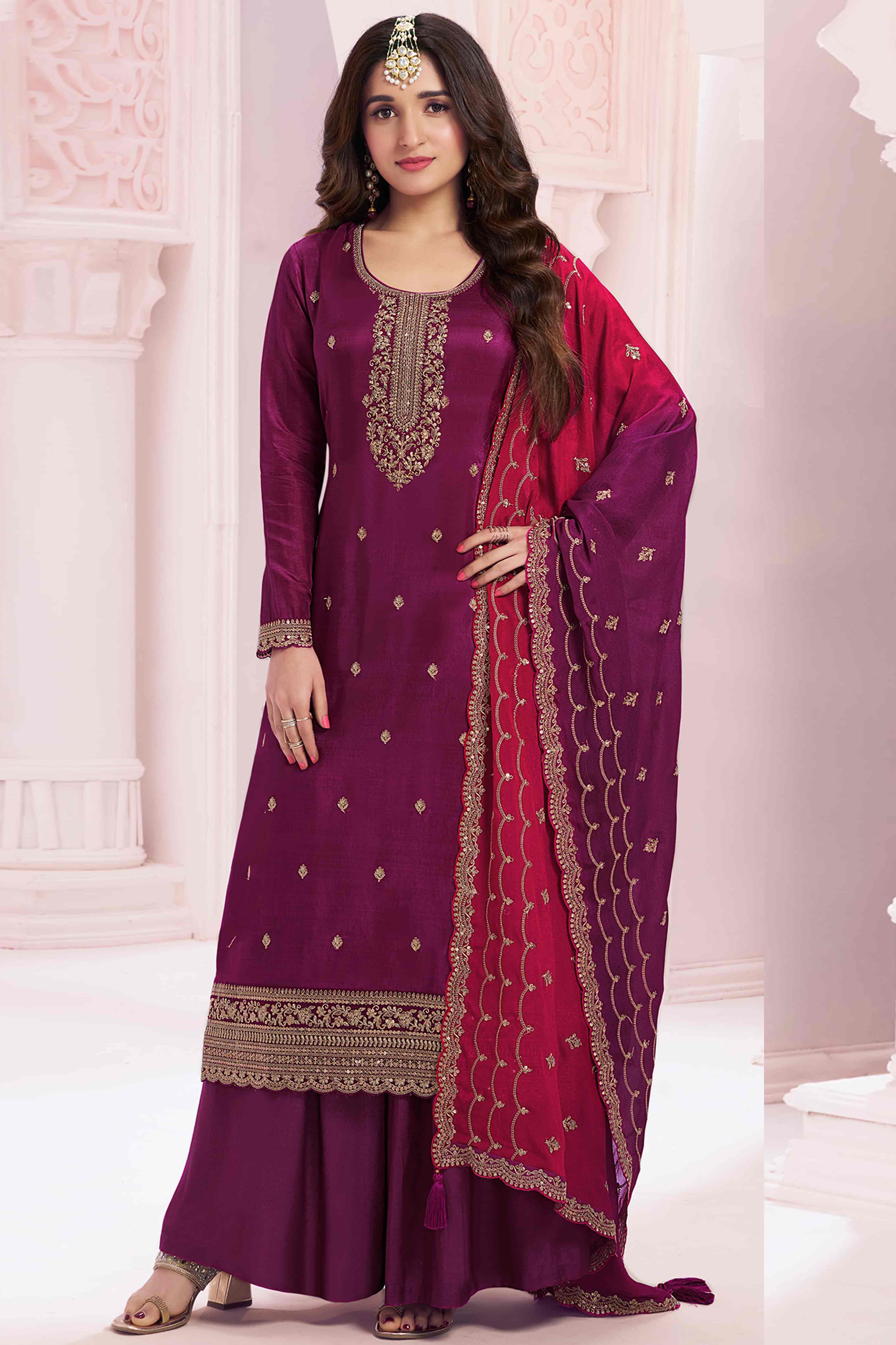 Purple Floral Embroidered Vichitra Silk Dress Material