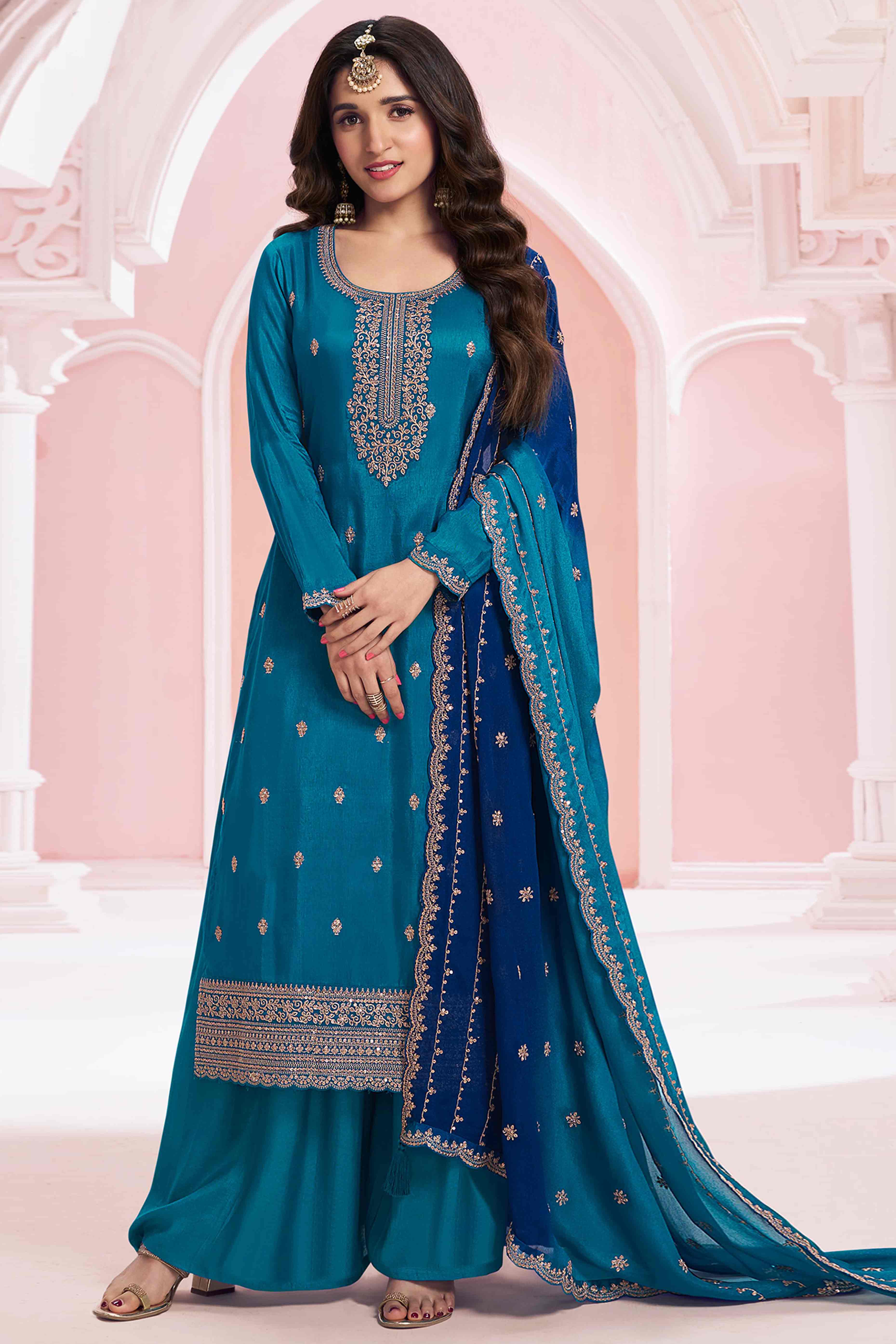 Blue Floral Embroidered Vichitra Silk Dress Material