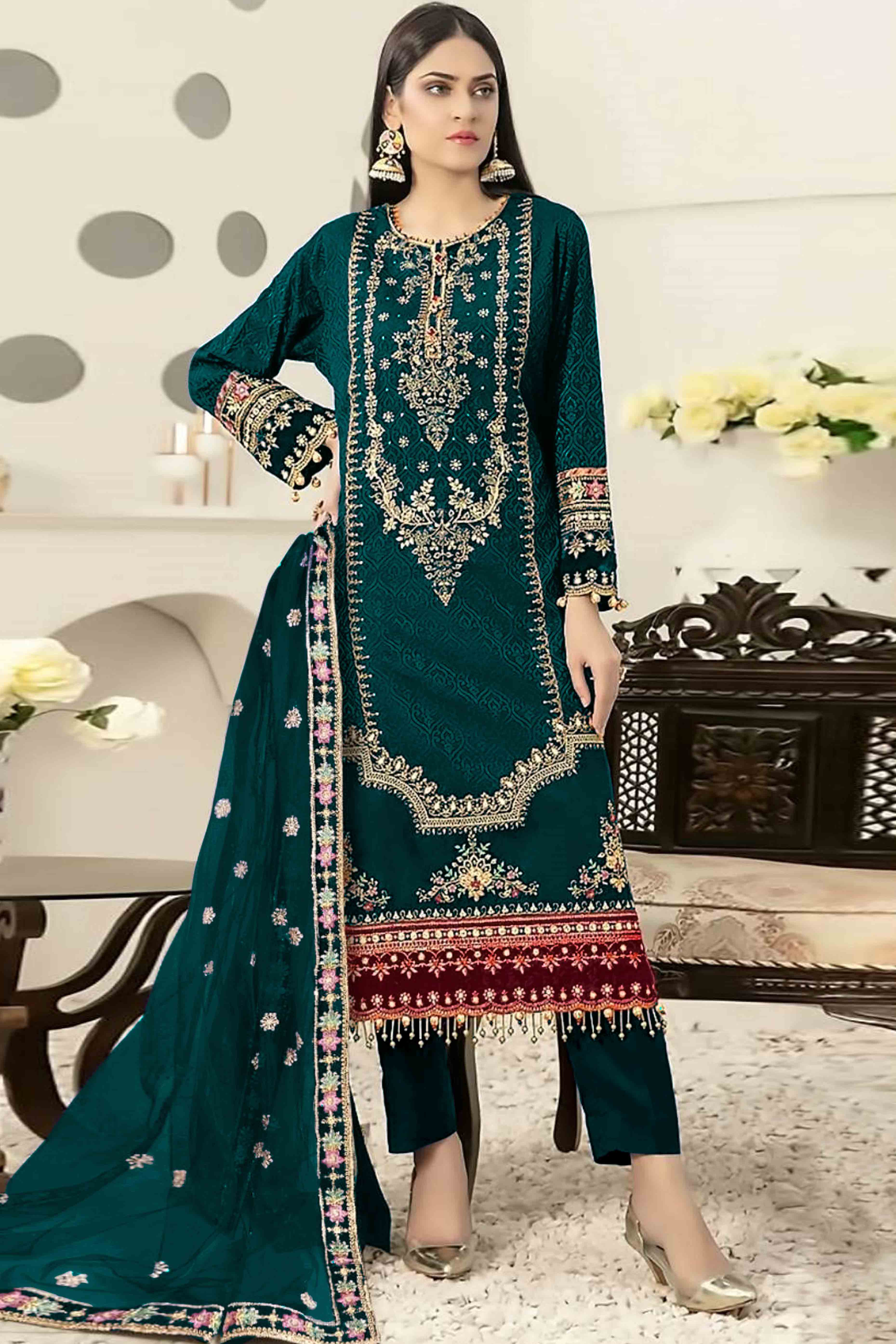 Bottle Green Velvet Dress Material Adorned with Sequins & Thread Embro