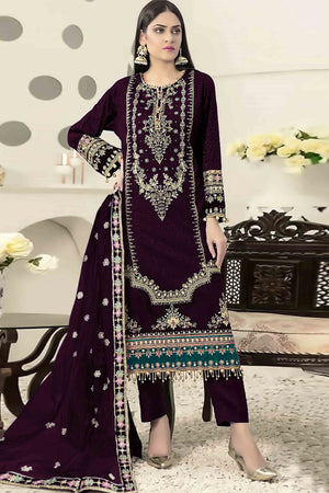 Wine Velvet Dress Material Adorned with Sequins & Thread Embroidery