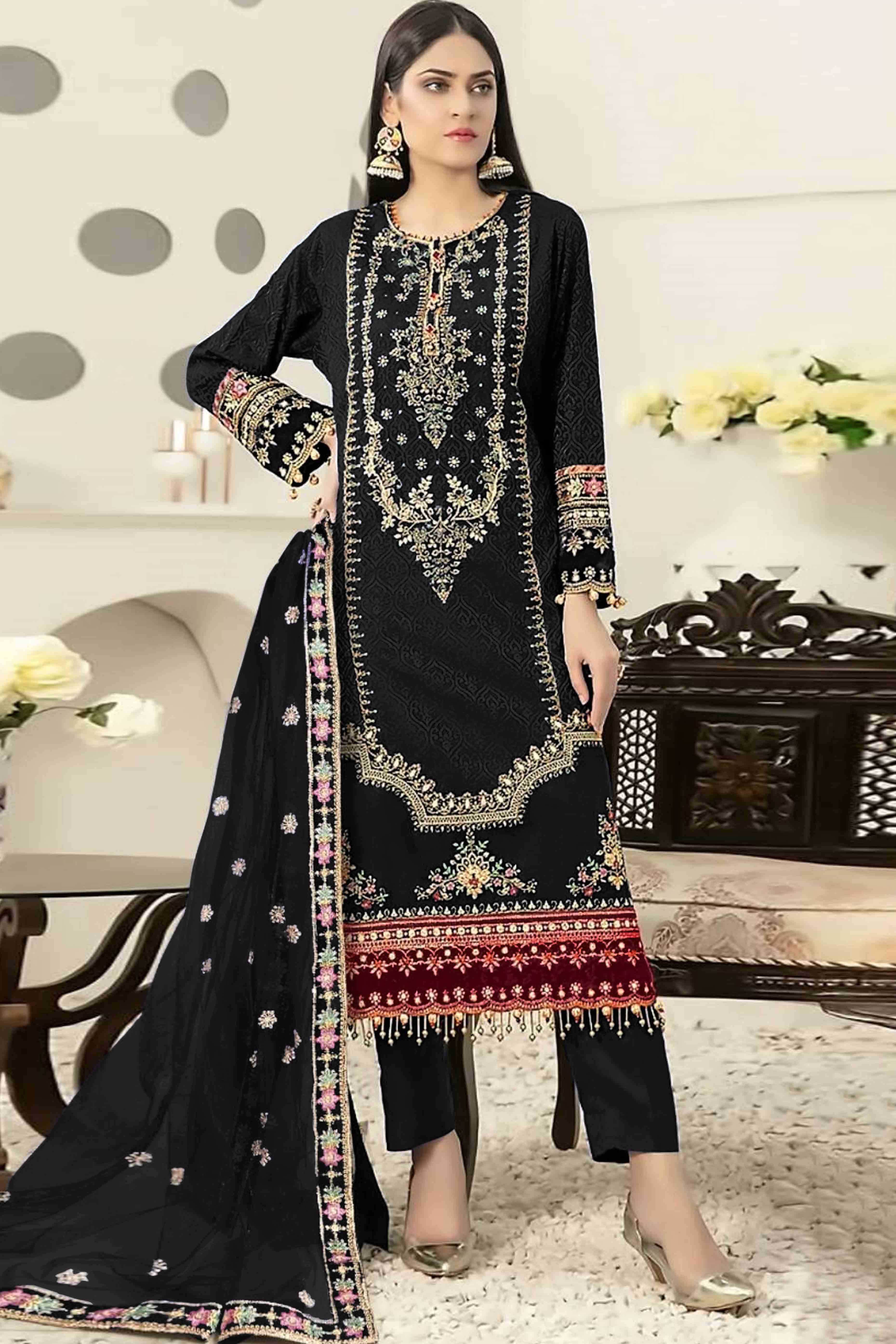 Black Velvet Dress Material Adorned with Sequins & Thread Embroidery