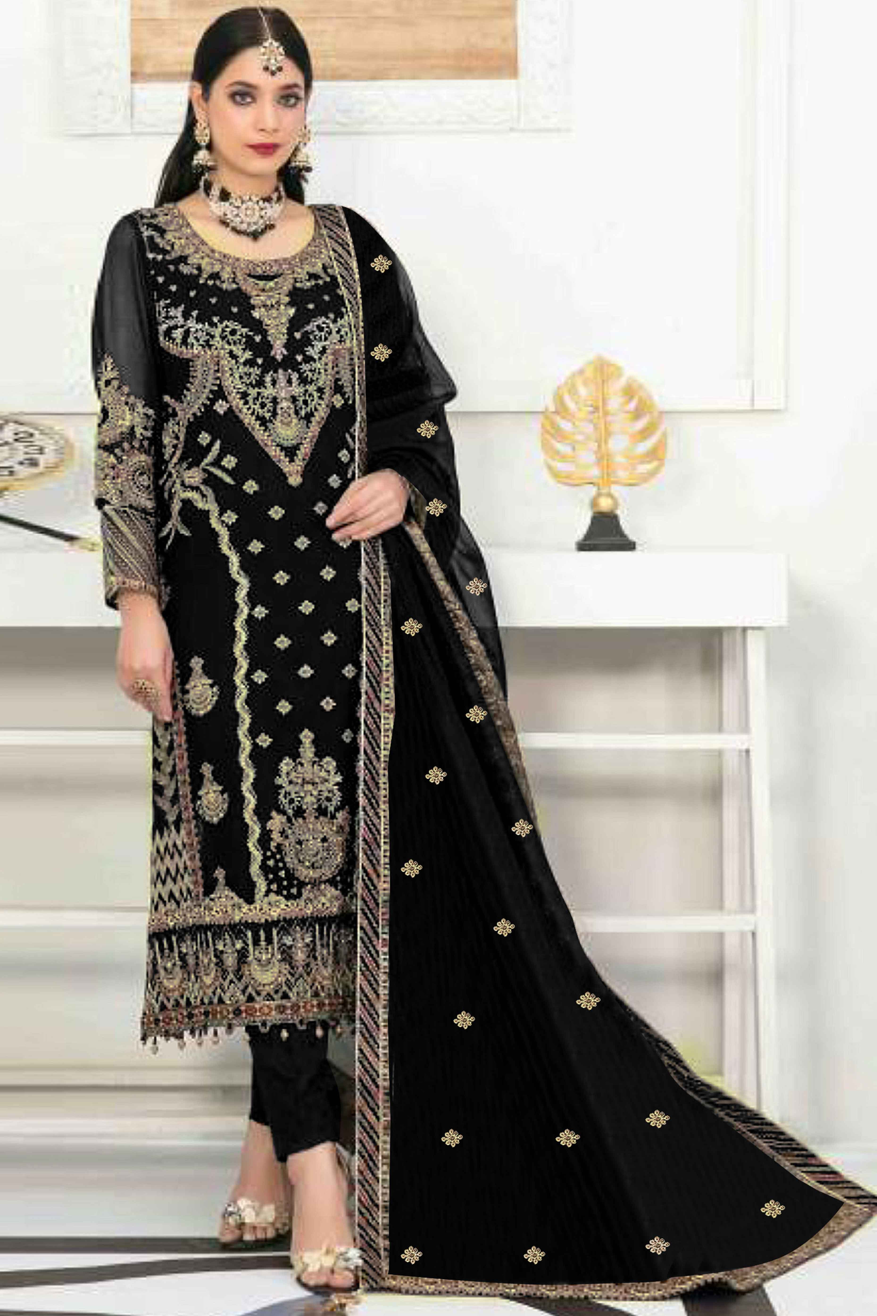 Black Velvet Dress Material Adorned with Sequins & Thread Embroidery