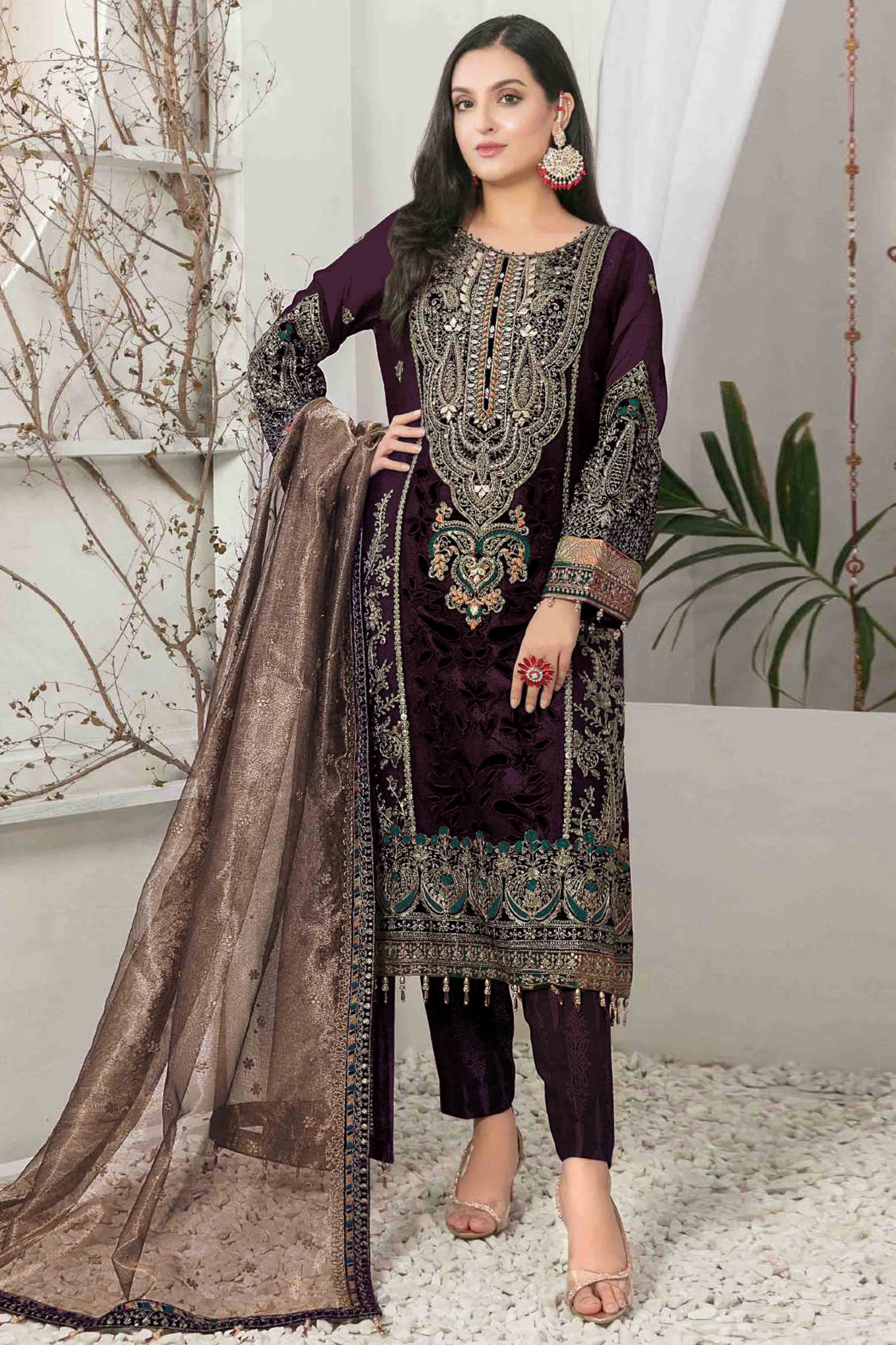 Purple Velvet Dress Material Adorned with Sequins & Thread Embroidery