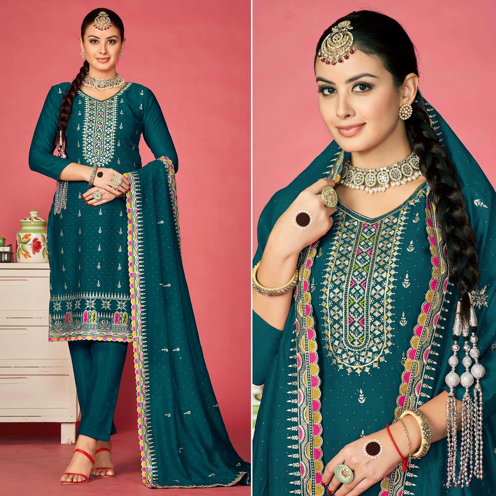 Teal Floral Embroidered Vichitra Silk Dress Material