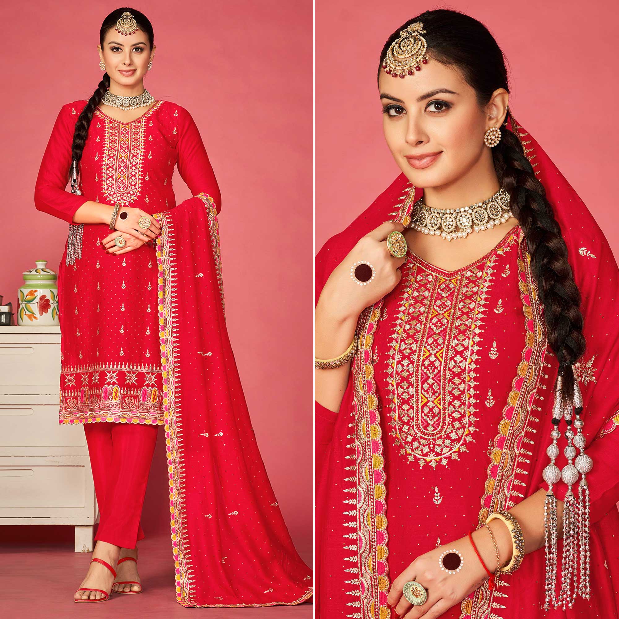 Red Floral Embroidered Vichitra Silk Dress Material