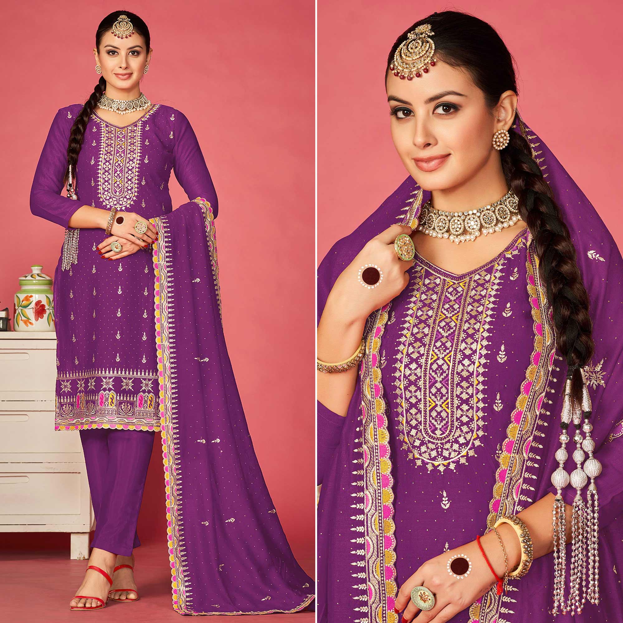 Purple Floral Embroidered Vichitra Silk Dress Material