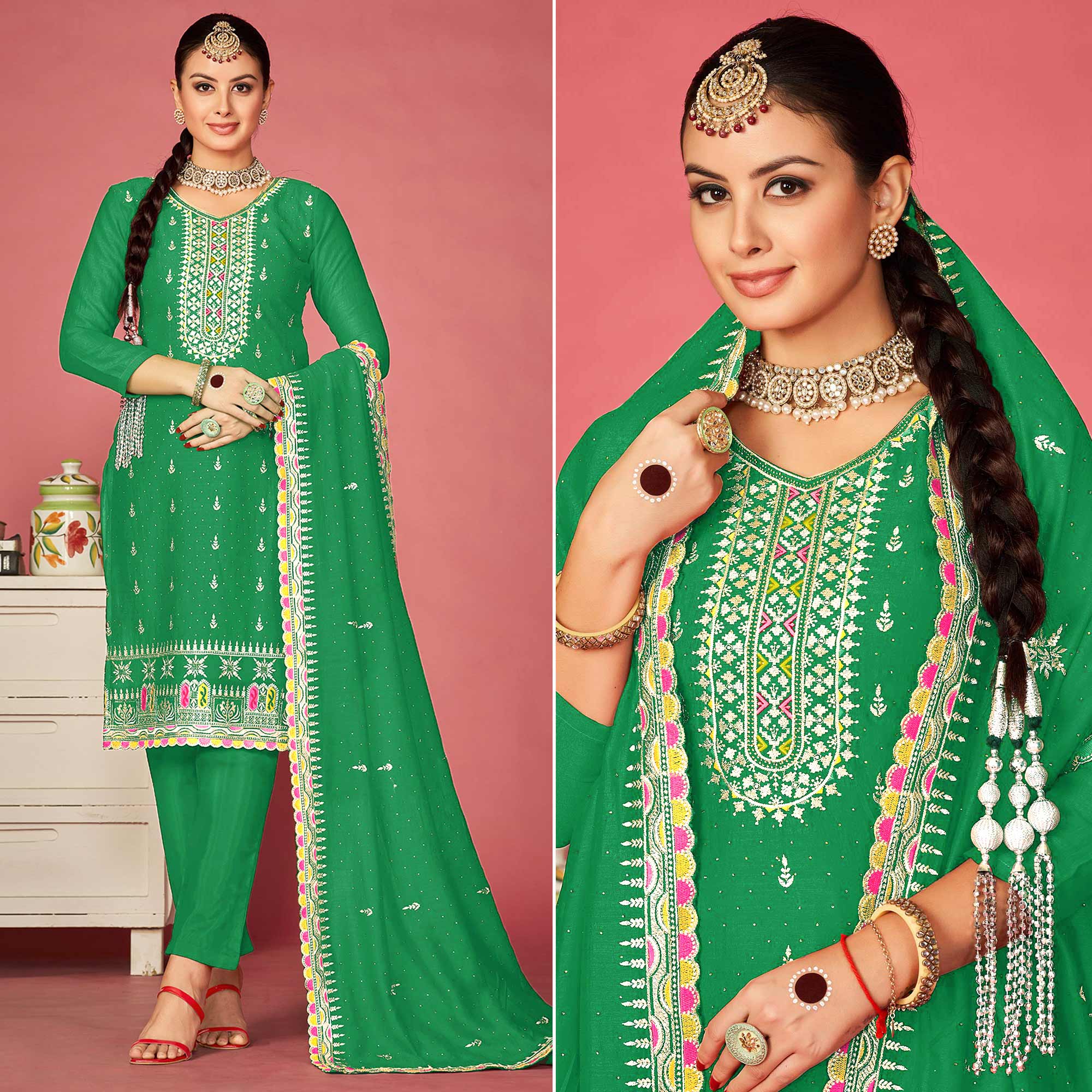 Green Floral Embroidered Vichitra Silk Dress Material