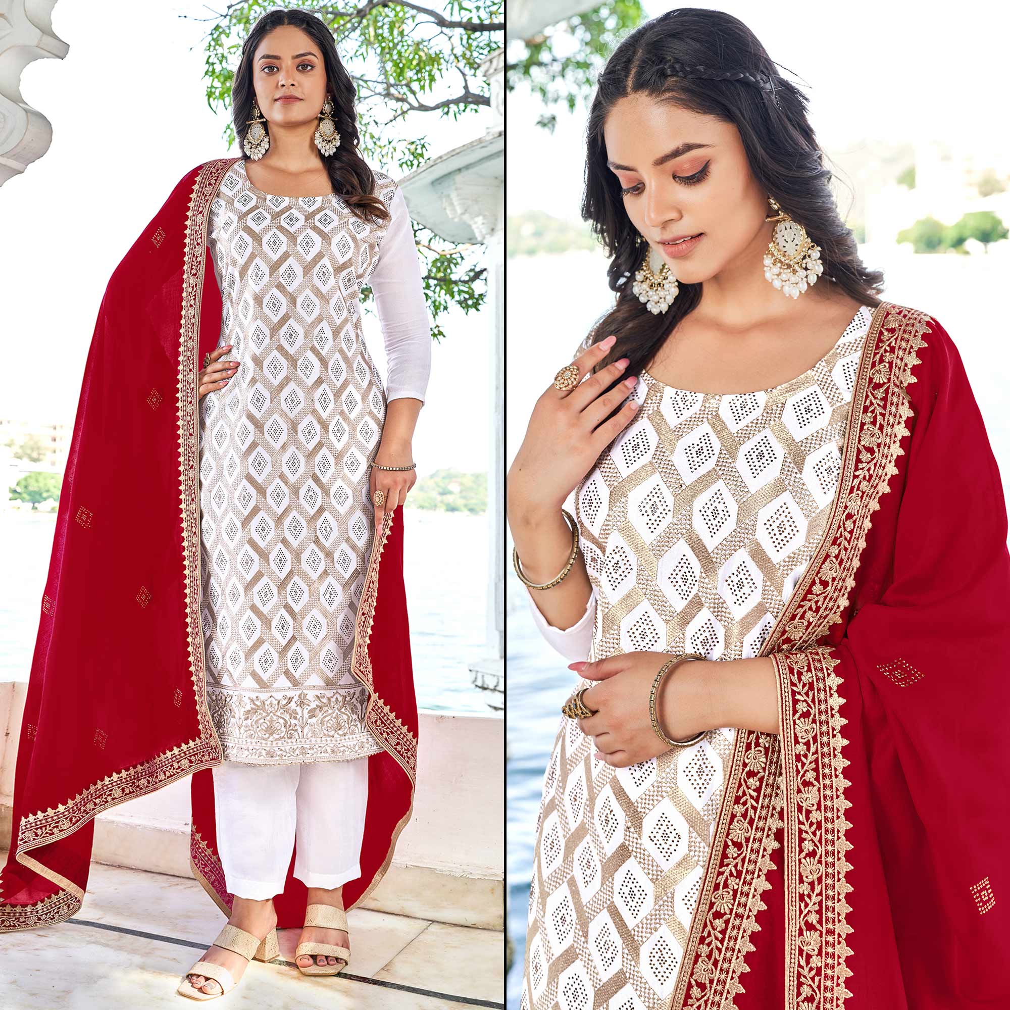 White & Red Embroidered With Swarovski Vichitra Silk Dress Material