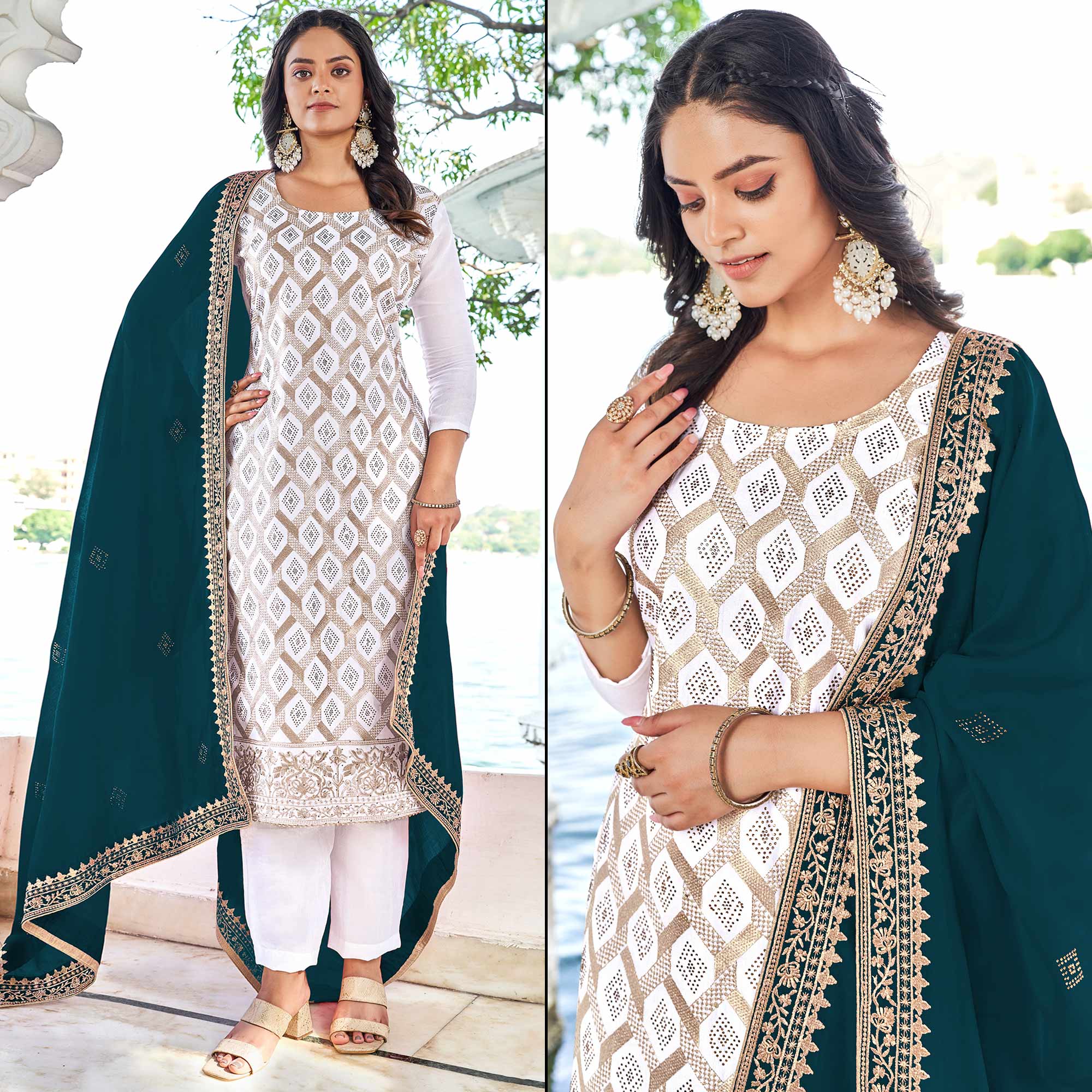 White & Morpich Embroidered With Swarovski Vichitra Silk Dress Material