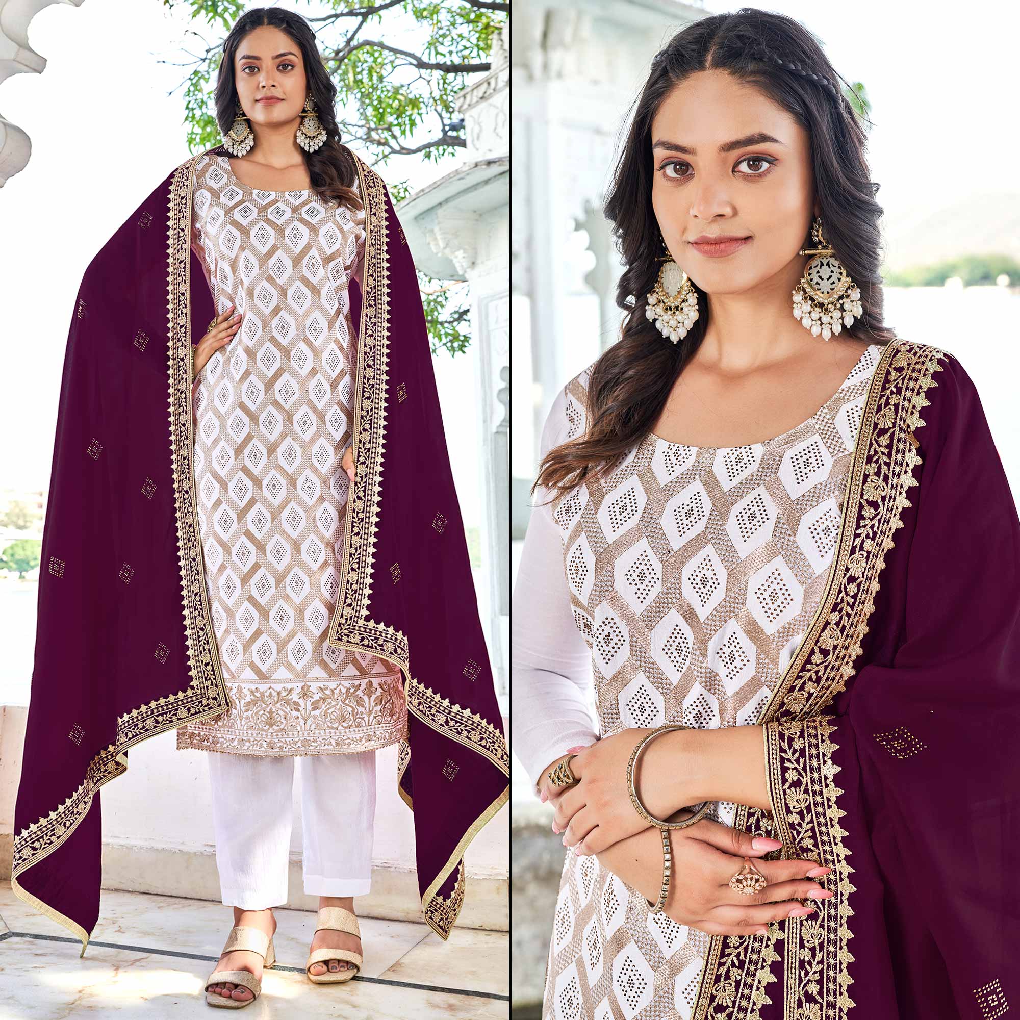 White & Purple Embroidered With Swarovski Vichitra Silk Dress Material