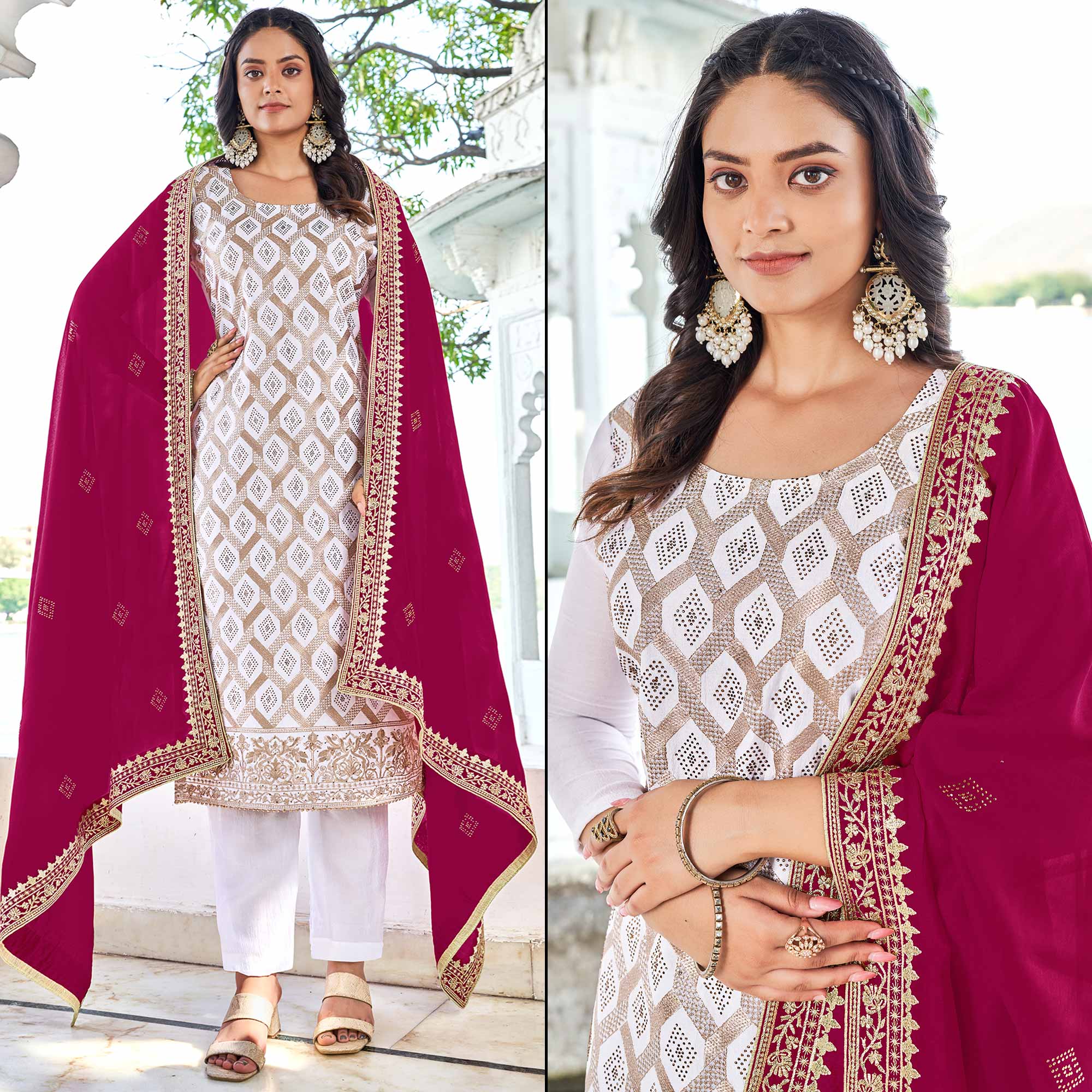 White & Rani Pink Embroidered With Swarovski Vichitra Silk Dress Material