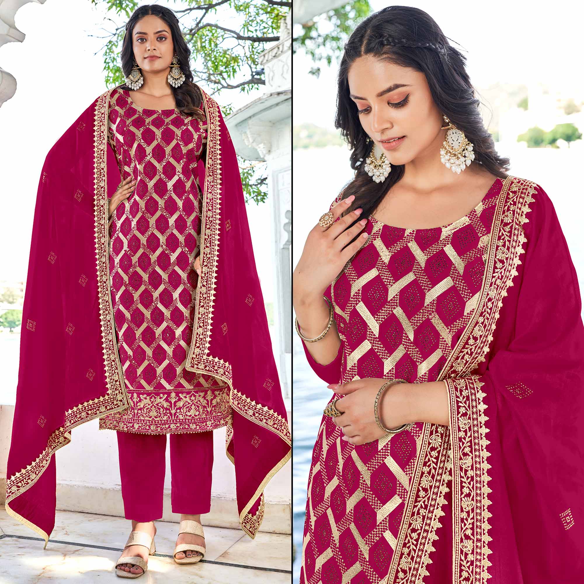 Rani Pink Embroidered With Swarovski Vichitra Silk Dress Material