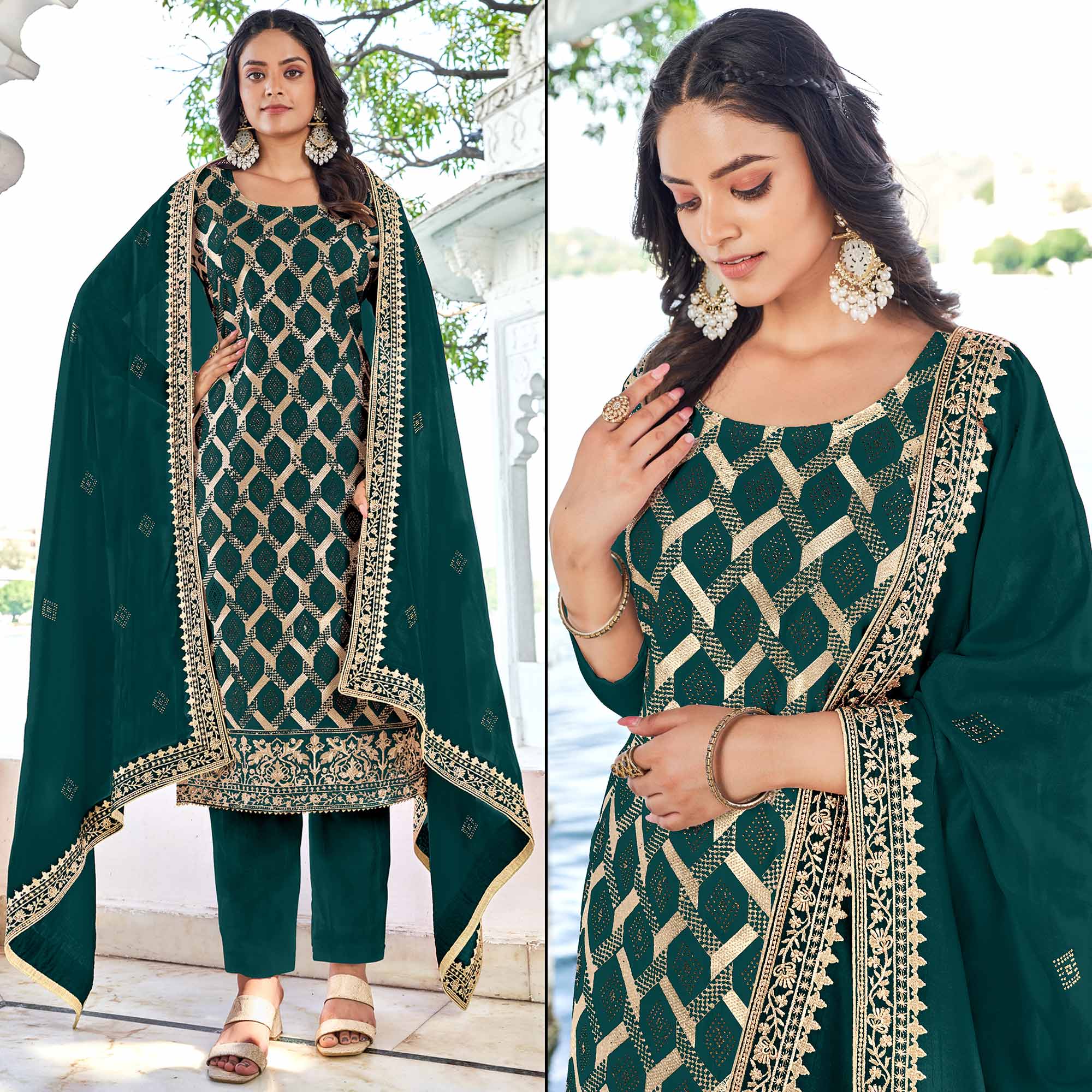 Green Embroidered With Swarovski Vichitra Silk Dress Material