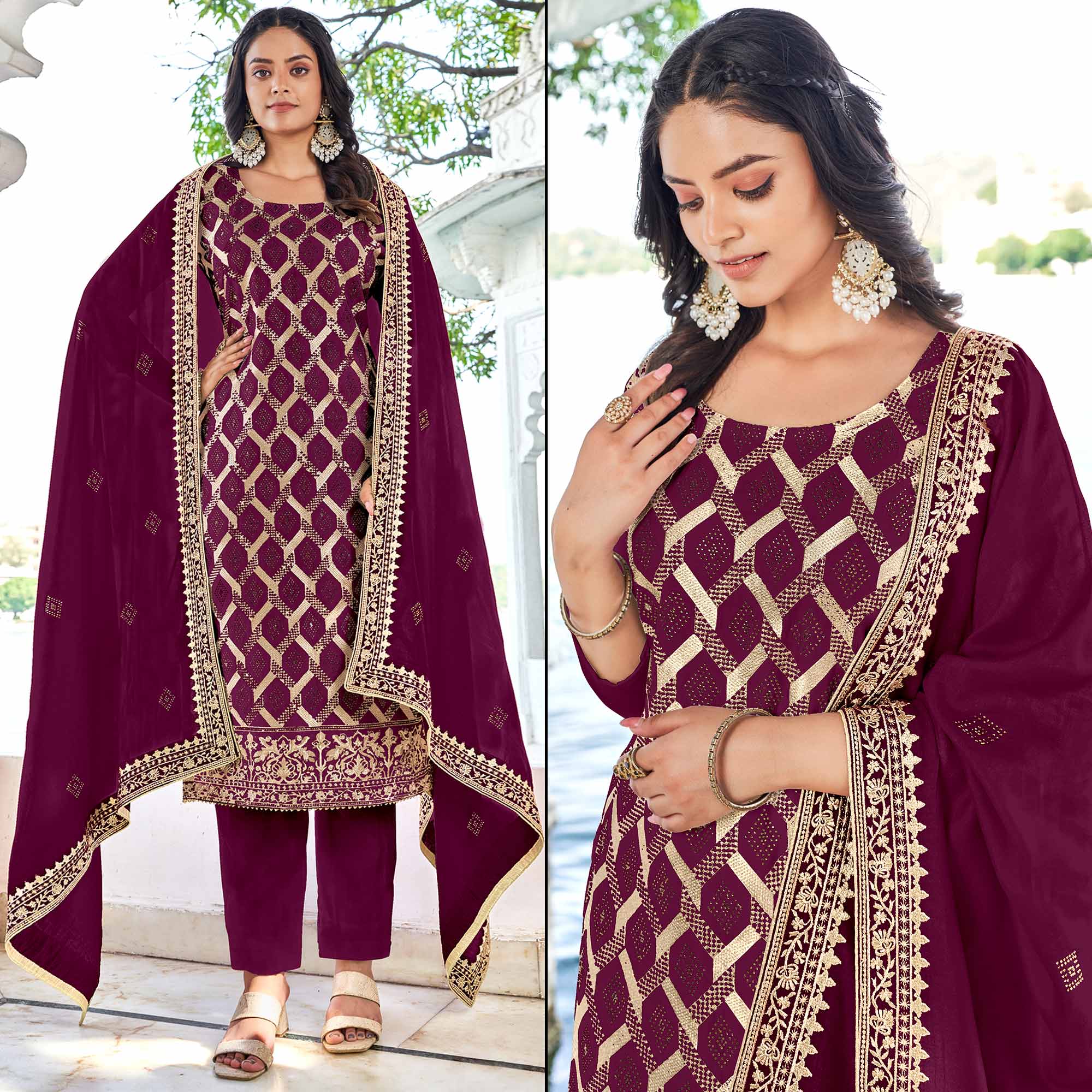 Purple Embroidered With Swarovski Vichitra Silk Dress Material