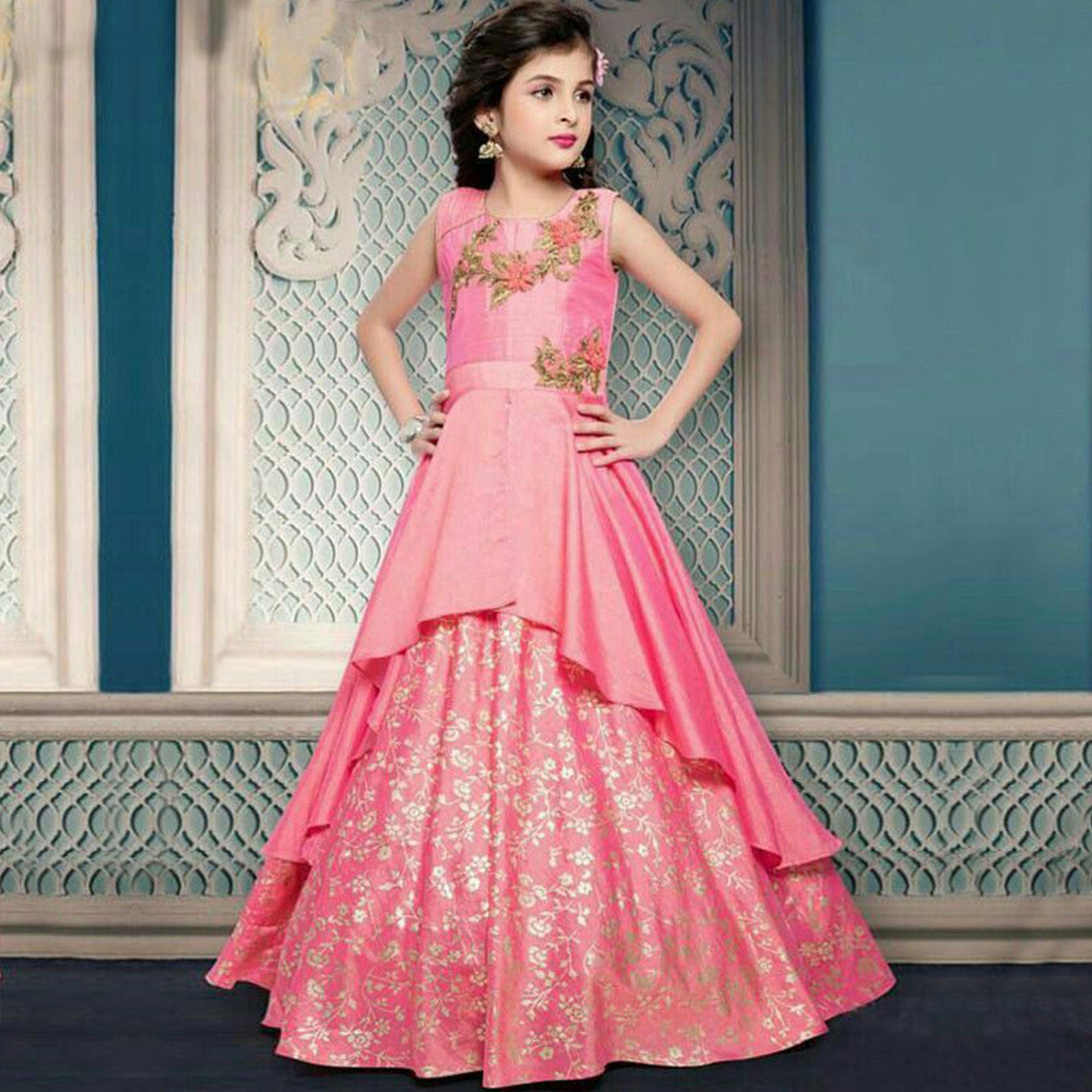 Rose Pink Handwork And Foil Printed Paper Silk Gown