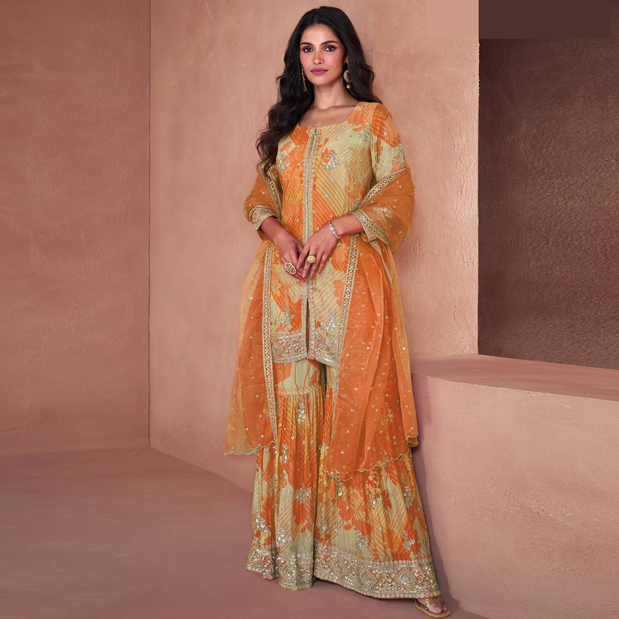 Orange Sequins Embroidered Georgette Sharara Suit