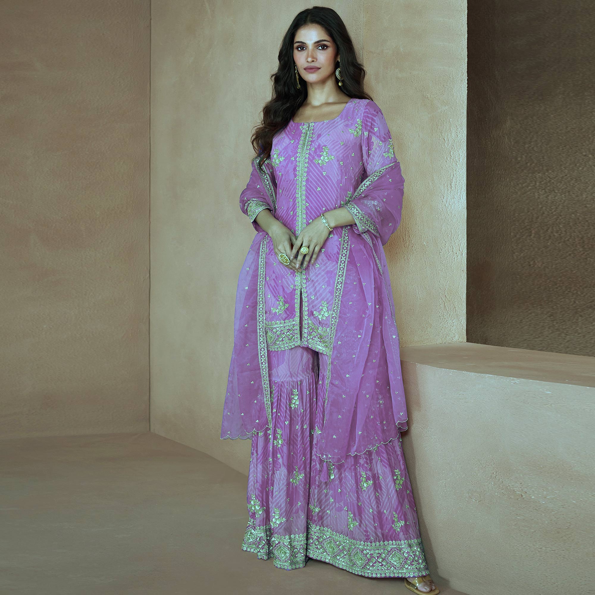 Purple Sequins Embroidered Georgette Sharara Suit