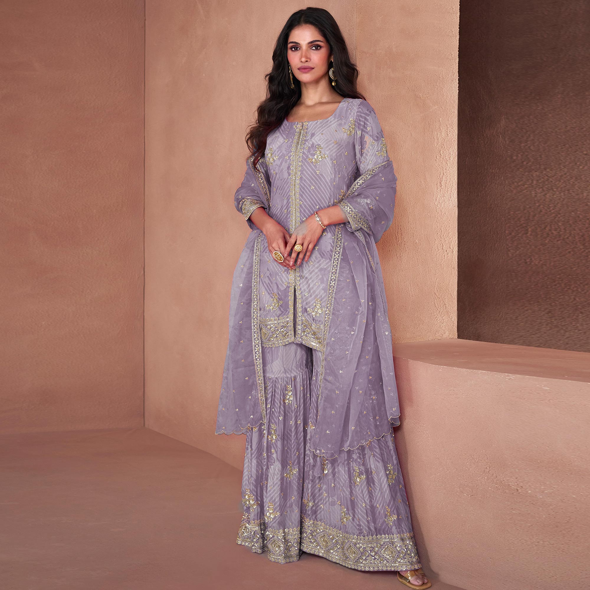 Mauve Sequins Embroidered Georgette Sharara Suit