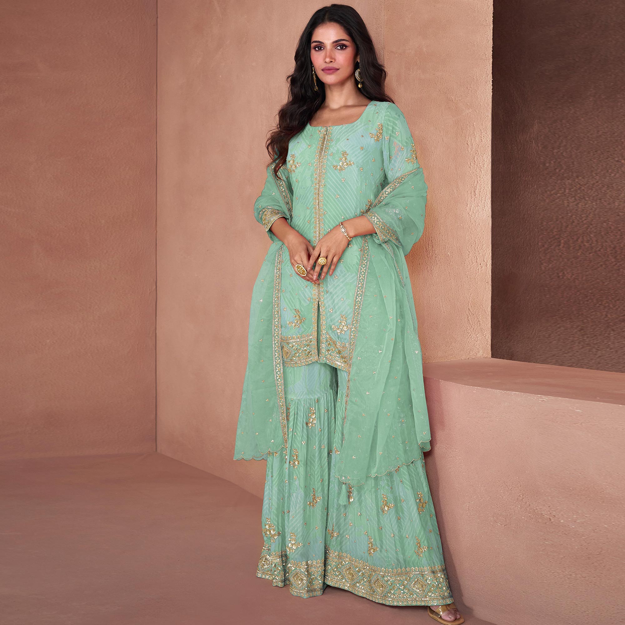 Pista Green Sequins Embroidered Georgette Sharara Suit